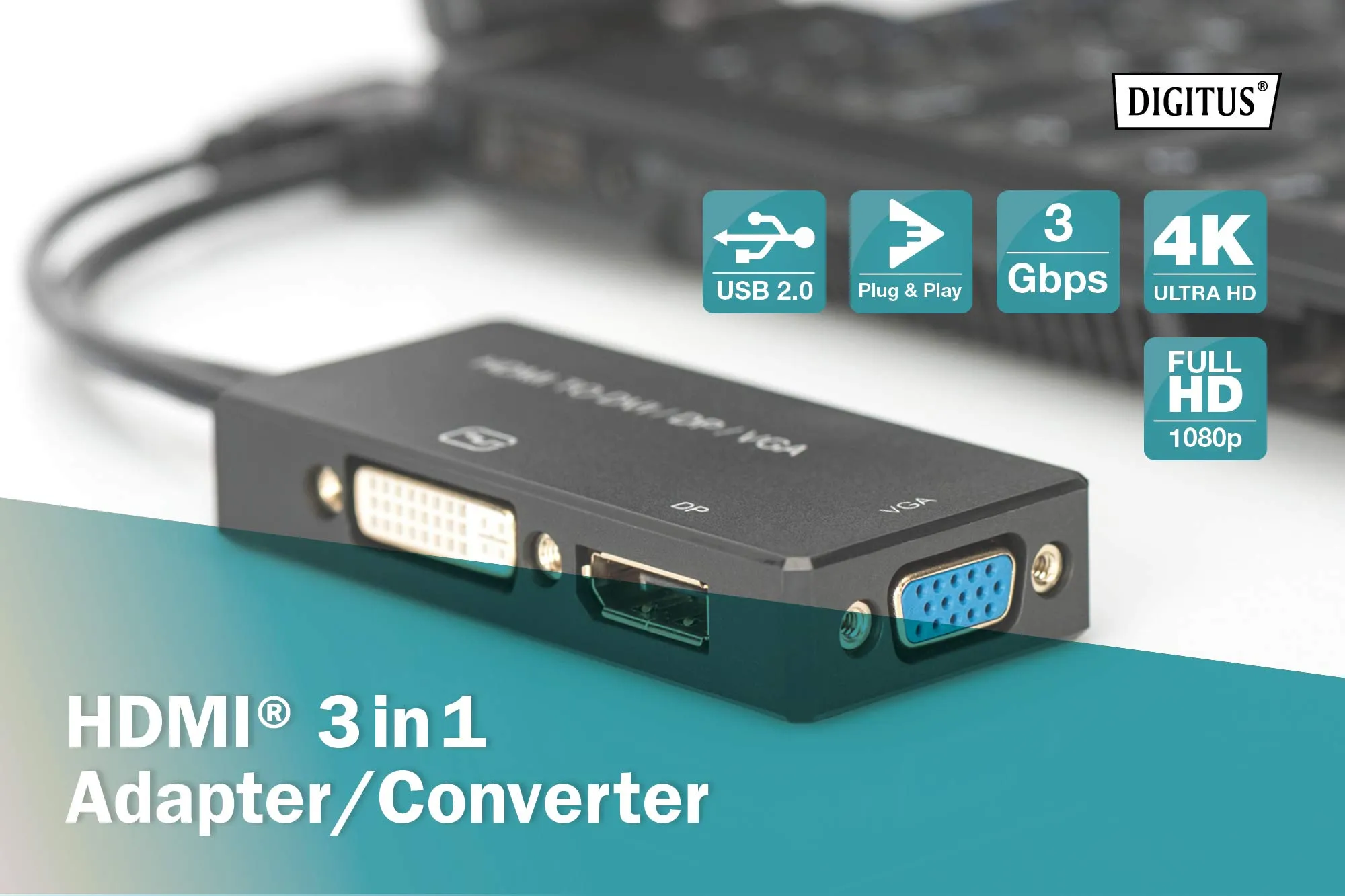 DIGITUS Adattatore Grafico HDMI a DP, DVI-I e VGA, 4K Ultra HD 30Hz, Nero - immagine 9