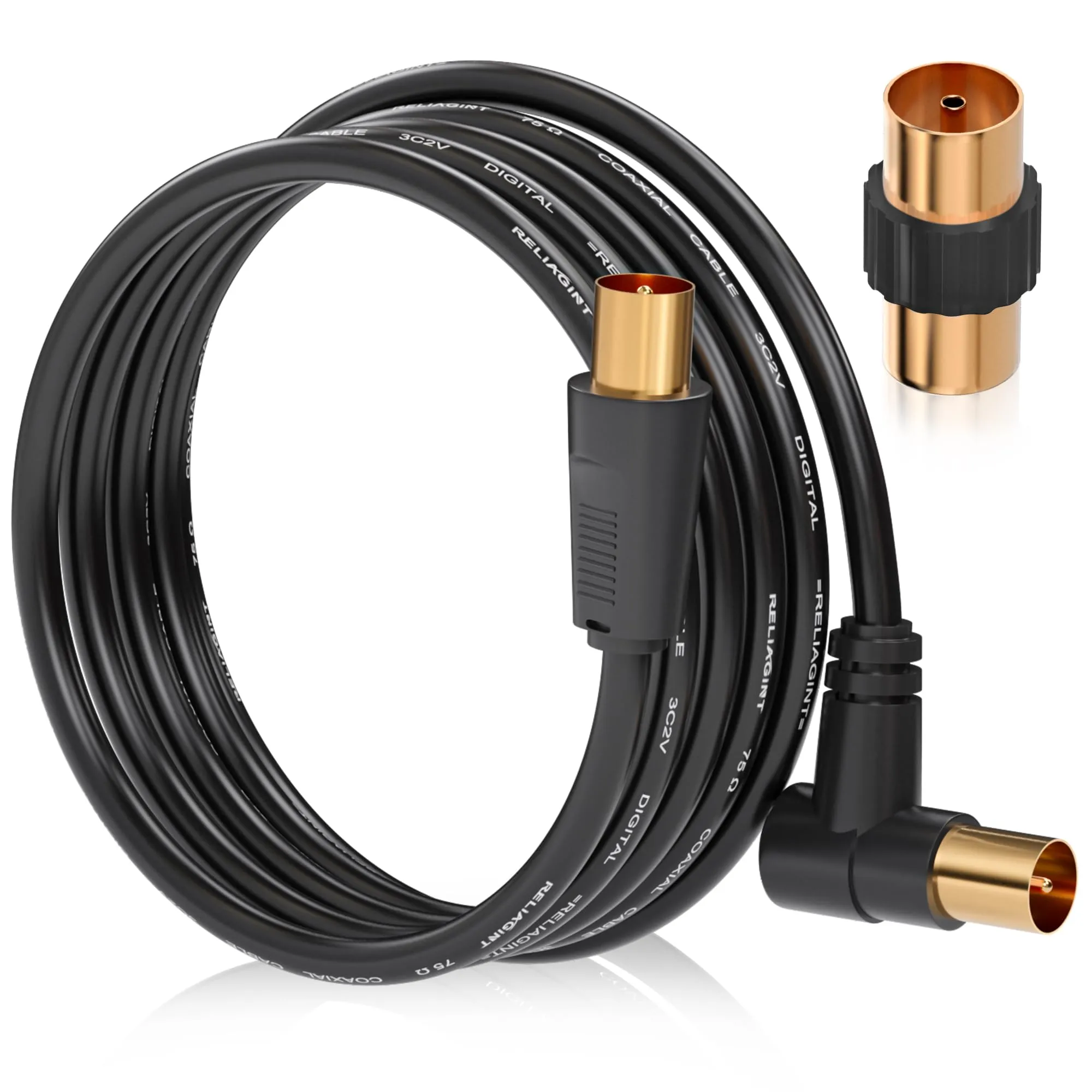 RELIAGINT Cavo antenna TV coassiale 75 Ohm 1m, IEC 9,5 mm maschio-maschio 3C2V rame puro, connettore angolato, nero - immagine 1