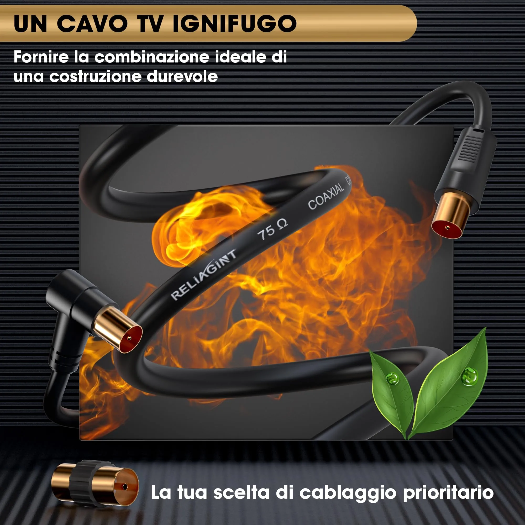 RELIAGINT Cavo antenna TV coassiale 75 Ohm 1m, IEC 9,5 mm maschio-maschio 3C2V rame puro, connettore angolato, nero - immagine 5