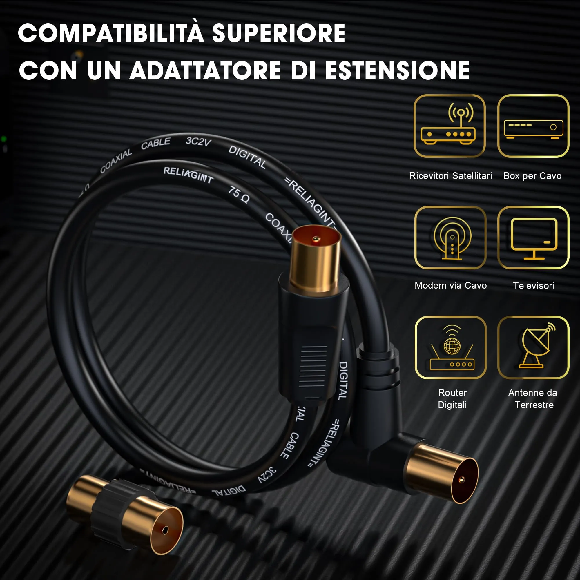 RELIAGINT Cavo antenna TV coassiale 75 Ohm 2m, 3C2V rame puro doppia schermatura, IEC 9,5 mm maschio-maschio, connettore angolato, adattatore femmina-femmina incluso, nero - immagine 2