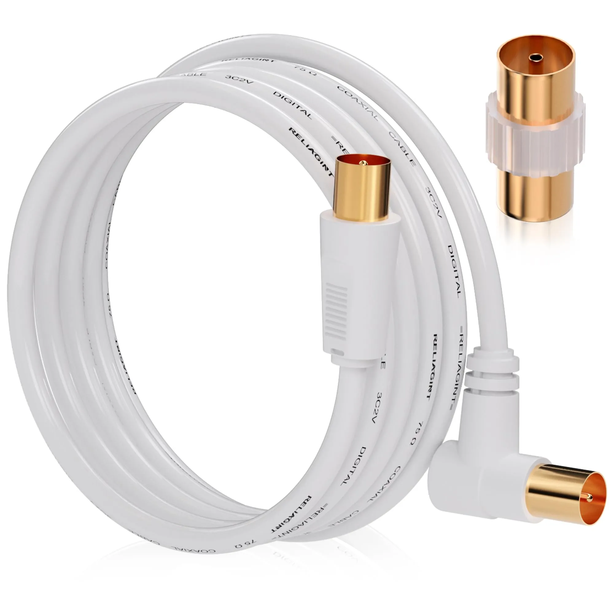 RELIAGINT Cavo Antenna TV Coassiale 75 Ohm 2m, IEC 9,5 mm Maschio-Maschio 3C2V, Rame Puro Doppia Schermatura, Connettore Angolato, Bianco - immagine 1
