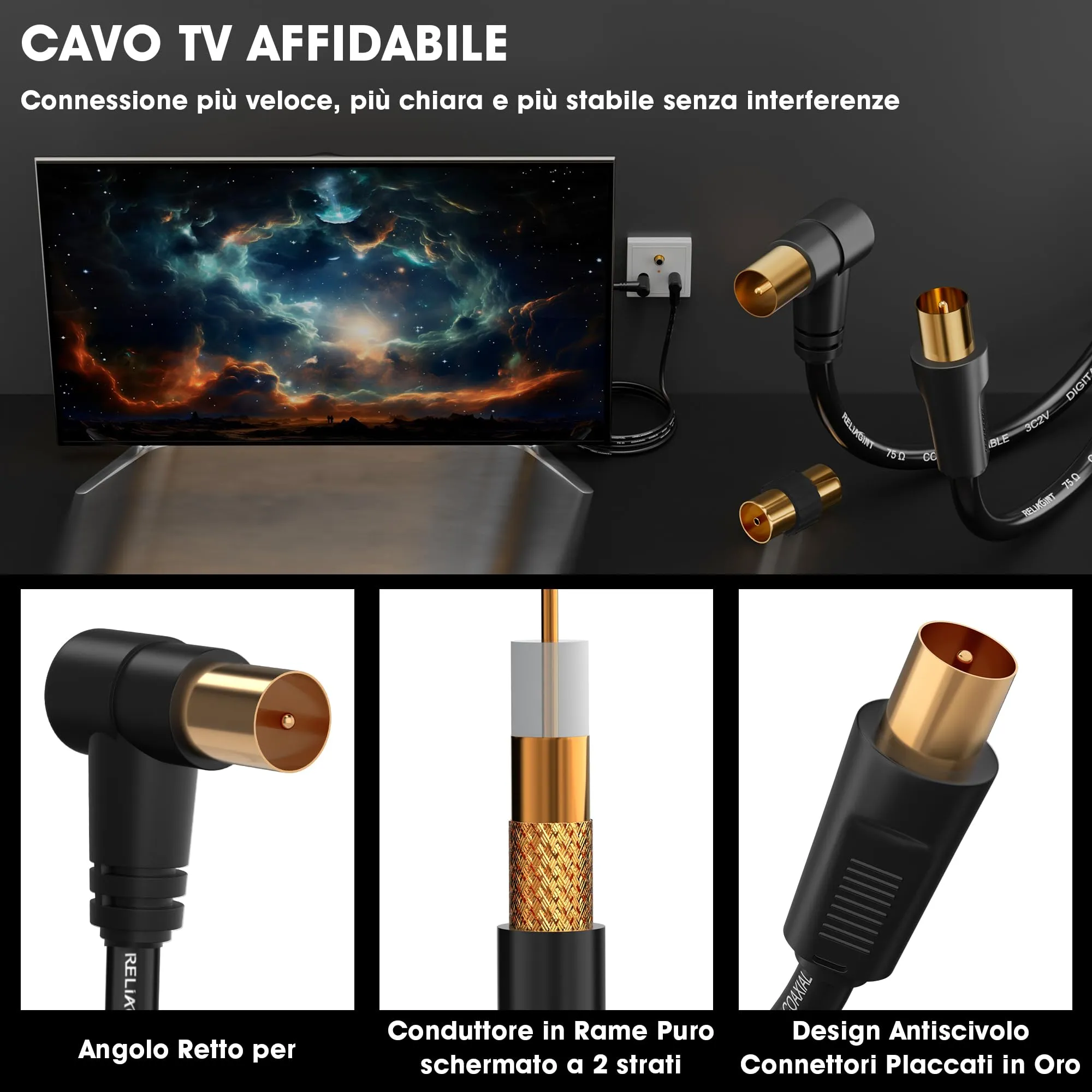 RELIAGINT Cavo antenna TV 10m, coassiale 75 Ohm IEC 9,5 mm maschio-maschio 3C2V rame puro, doppia schermatura, connettore angolato, adattatore femmina-femmina incluso, nero - immagine 7