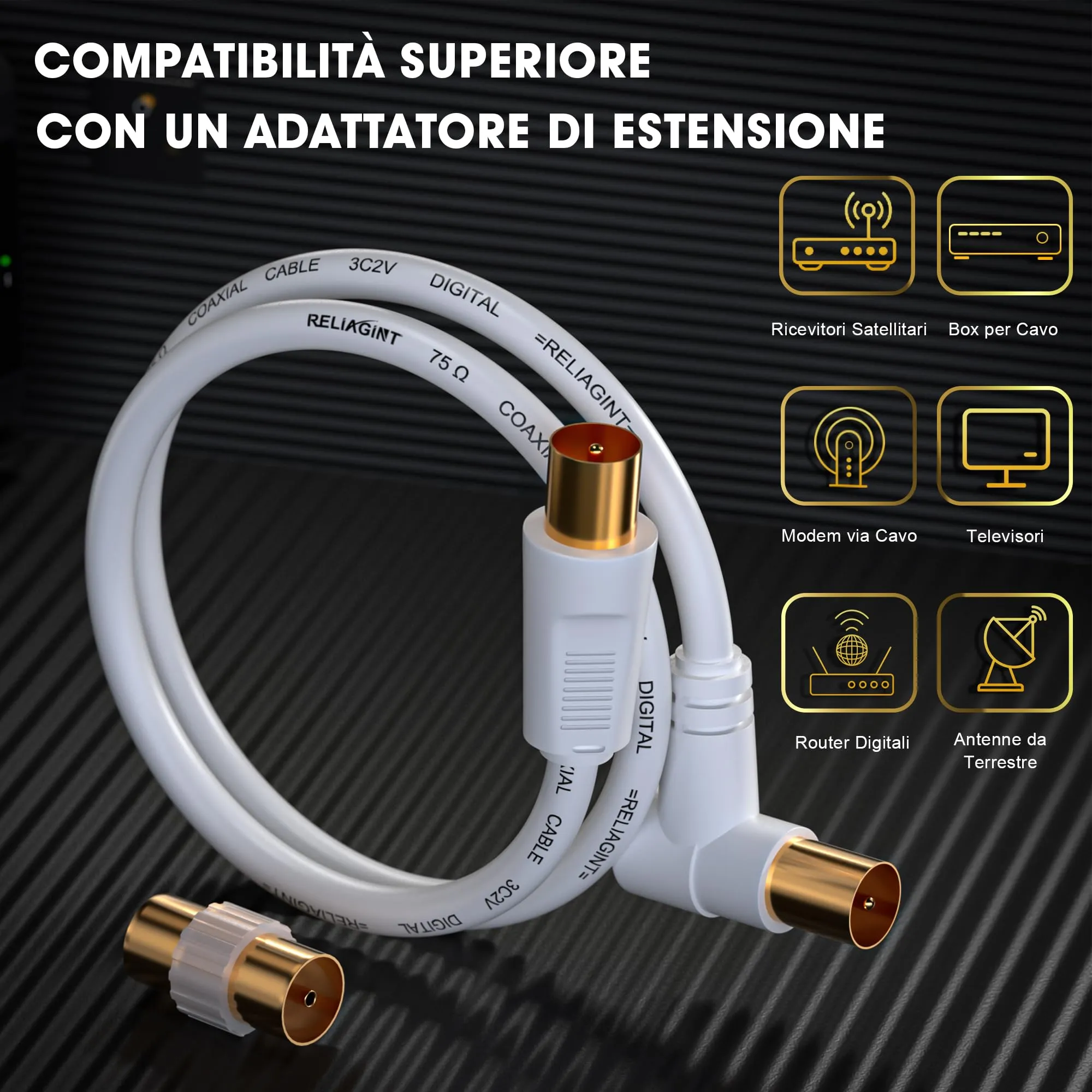 RELIAGINT Cavo Antenna TV Coassiale 75 Ohm 5m, IEC 9,5 mm Maschio-Maschio 3C2V, Rame Puro Doppia Schermatura, Connettore Angolato, Adattatore Femmina-Femmina Incluso, Bianco - immagine 2
