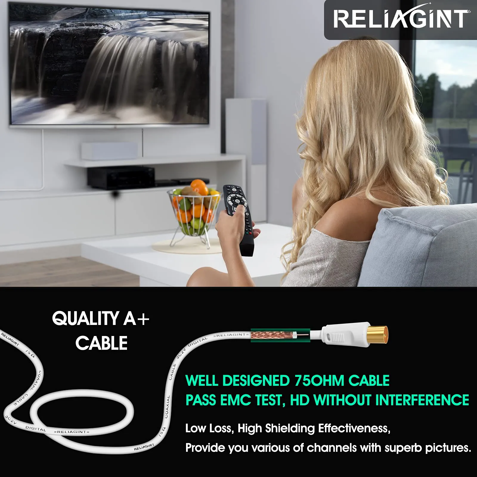 RELIAGINT Cavo Antenna TV Coassiale 75 Ohm 3C2V, 5m, IEC 9,5 mm Maschio-Maschio, Bianco - immagine 6