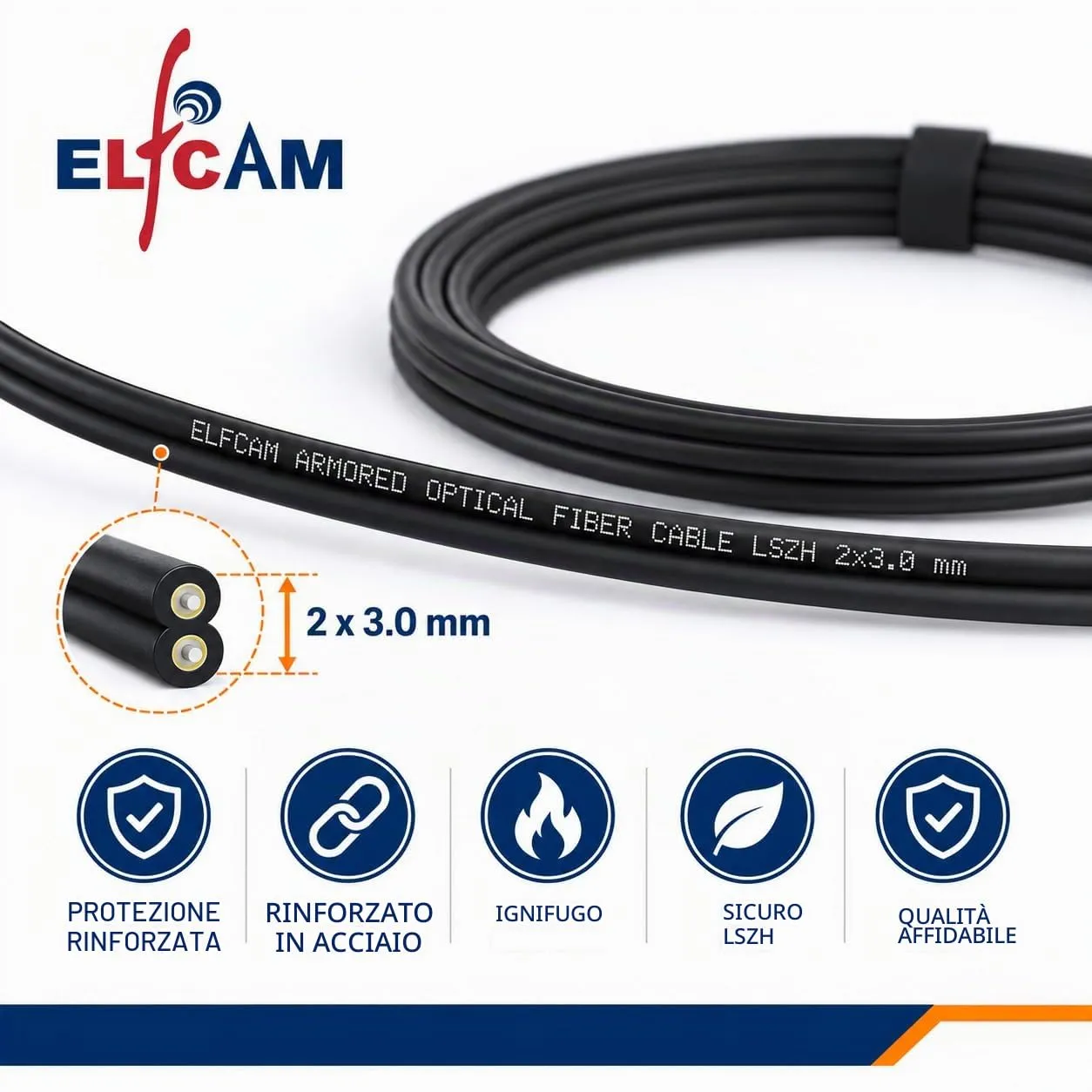 Elfcam Cavo Fibra Ottica Armatura in Acciaio Corrugato LC/UPC LC/UPC OM3 Multimodale Duplex 50/125um LSZH, Nero, 150m - immagine 4