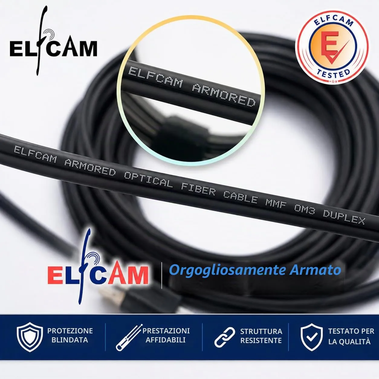 Elfcam Cavo Fibra Ottica Armatura in Acciaio Corrugato LC/UPC LC/UPC OM3 Multimodale Duplex 50/125um LSZH, Nero, 150m - immagine 6
