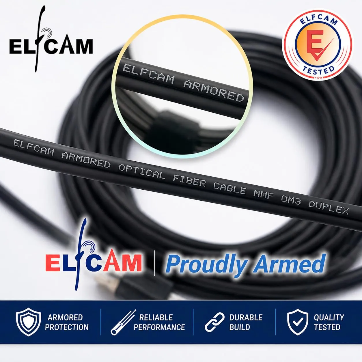 Elfcam Cavo Fibra Ottica Armatura in Acciaio Corrugato LC/UPC a LC/UPC OM3 Multimodale Duplex 50/125um LSZH, Nero, 30M - immagine 7