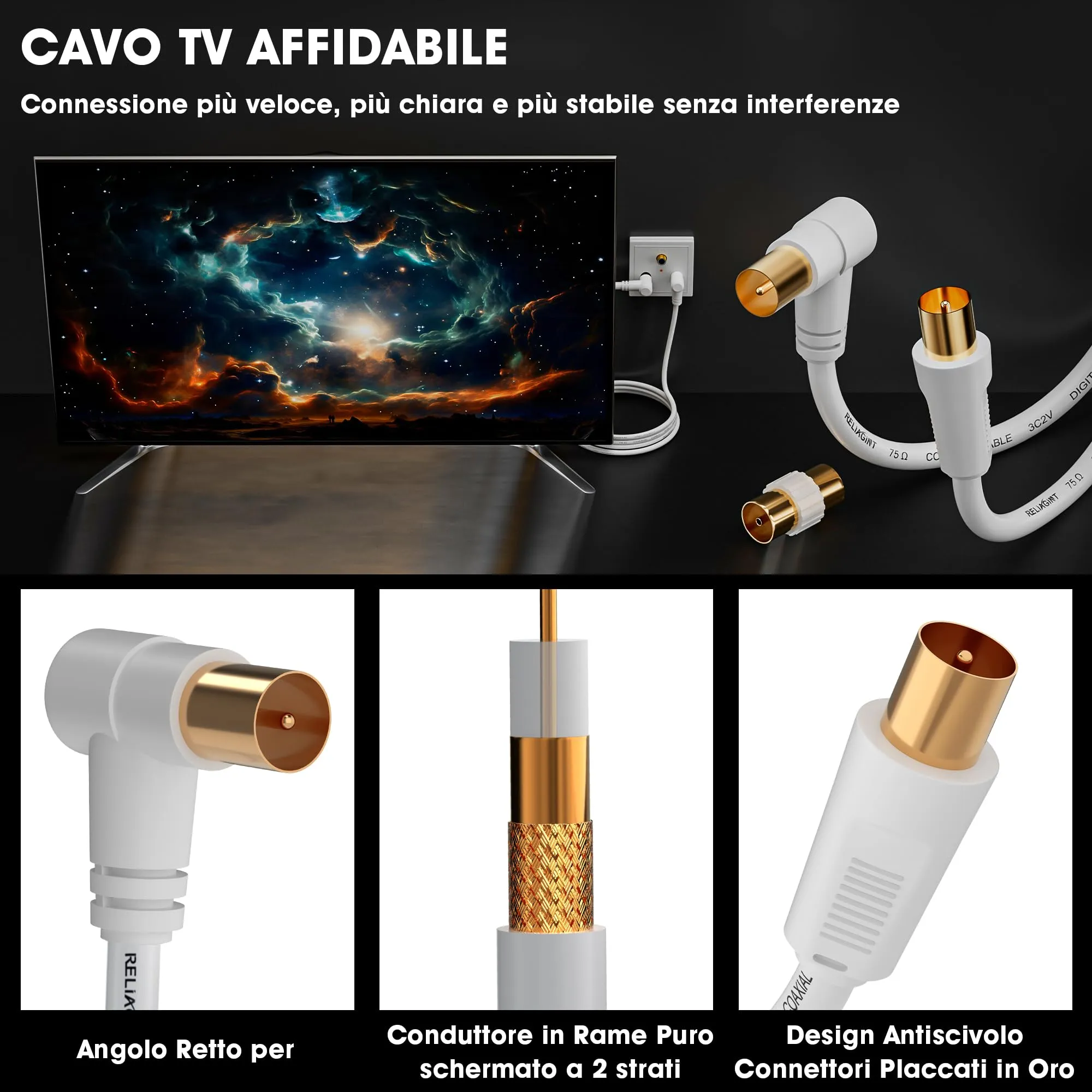 RELIAGINT Cavo Antenna TV Coassiale 75 Ohm, 1.5m, IEC 9,5mm Maschio-Maschio, Connettore Angolato, Bianco - immagine 7