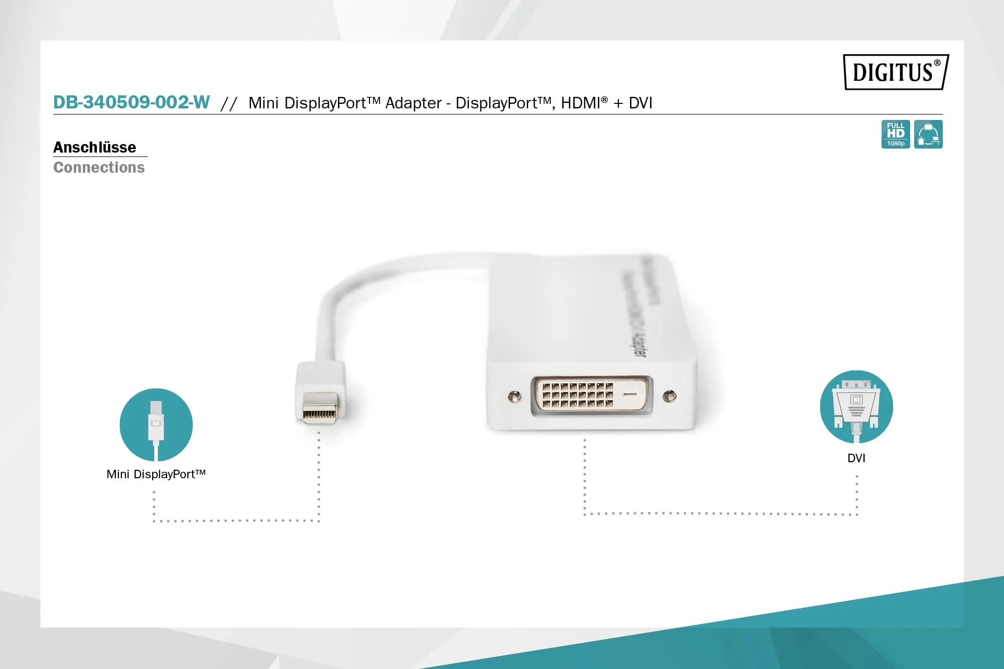 DIGITUS Cavo di distribuzione miniDP a DP+HDMI+DVI-D, DisplayPort 1.1a, FullHD 1080p/60Hz, 0,2 m, Bianco - immagine 4