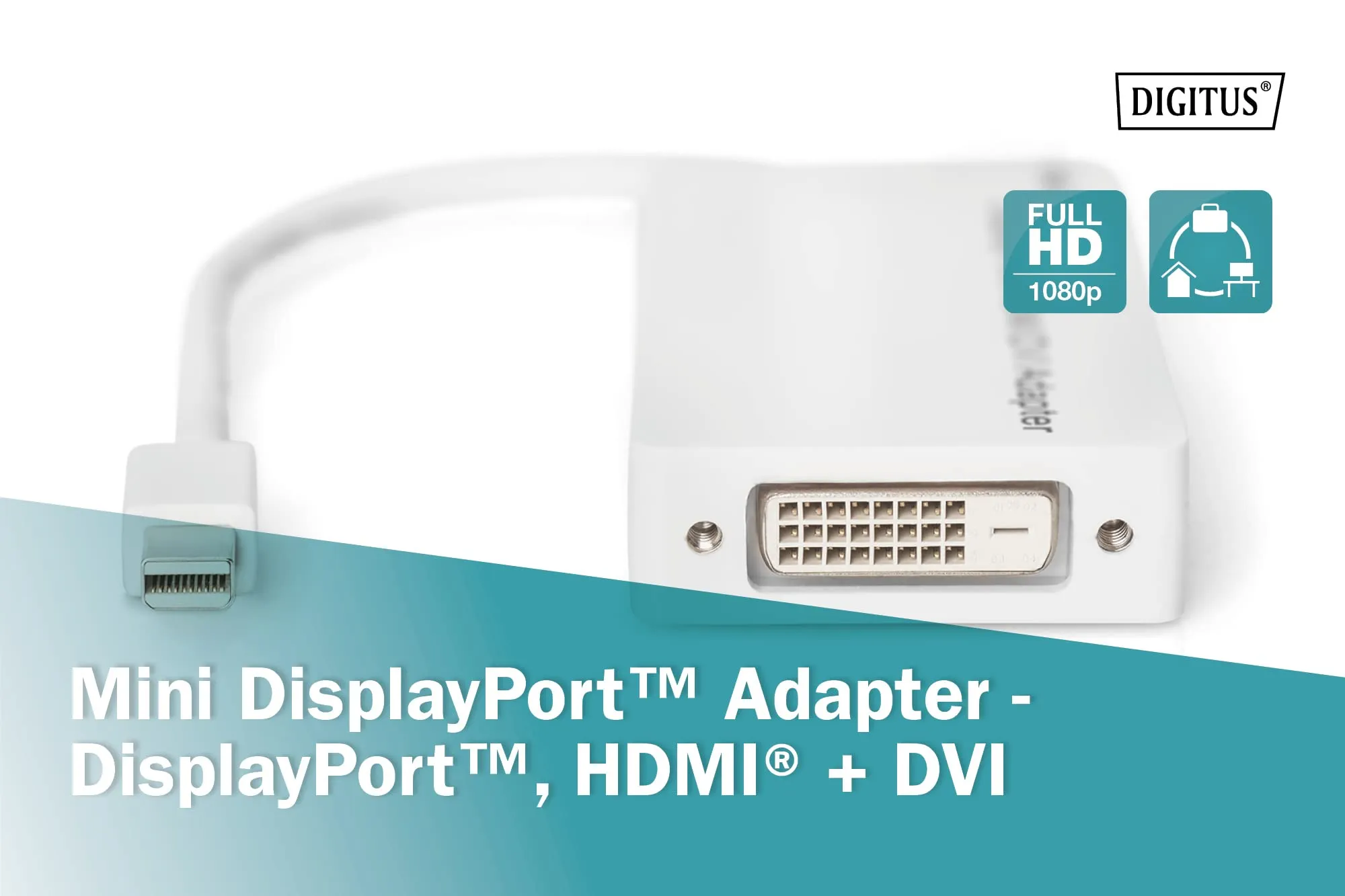 DIGITUS Cavo di distribuzione miniDP a DP+HDMI+DVI-D, DisplayPort 1.1a, FullHD 1080p/60Hz, 0,2 m, Bianco - immagine 6