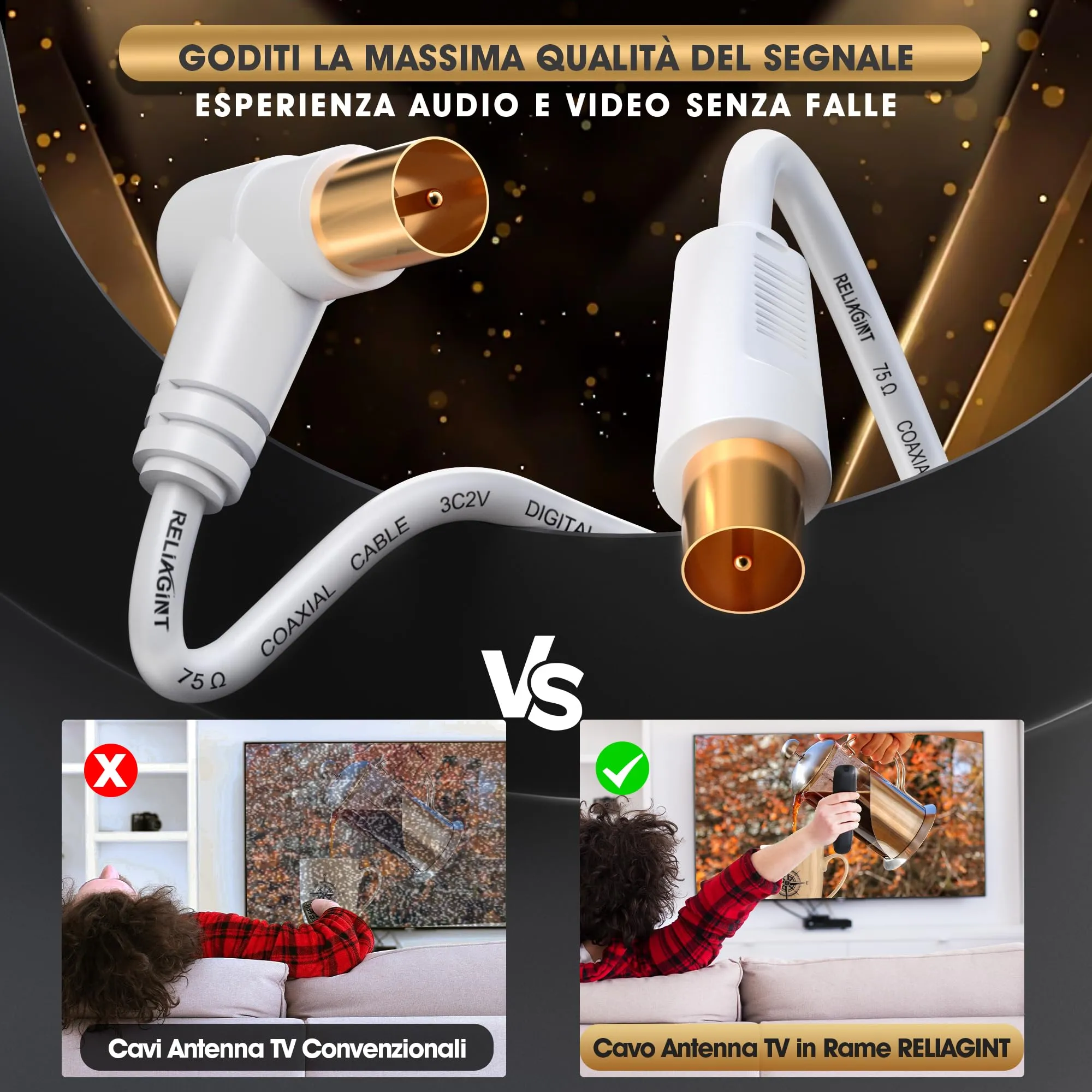 RELIAGINT Cavo antenna TV 0.5m, coassiale 75 Ohm IEC 9,5 mm maschio-maschio 3C2V rame puro doppia schermatura, connettore angolato con adattatore femmina-femmina, bianco - immagine 6