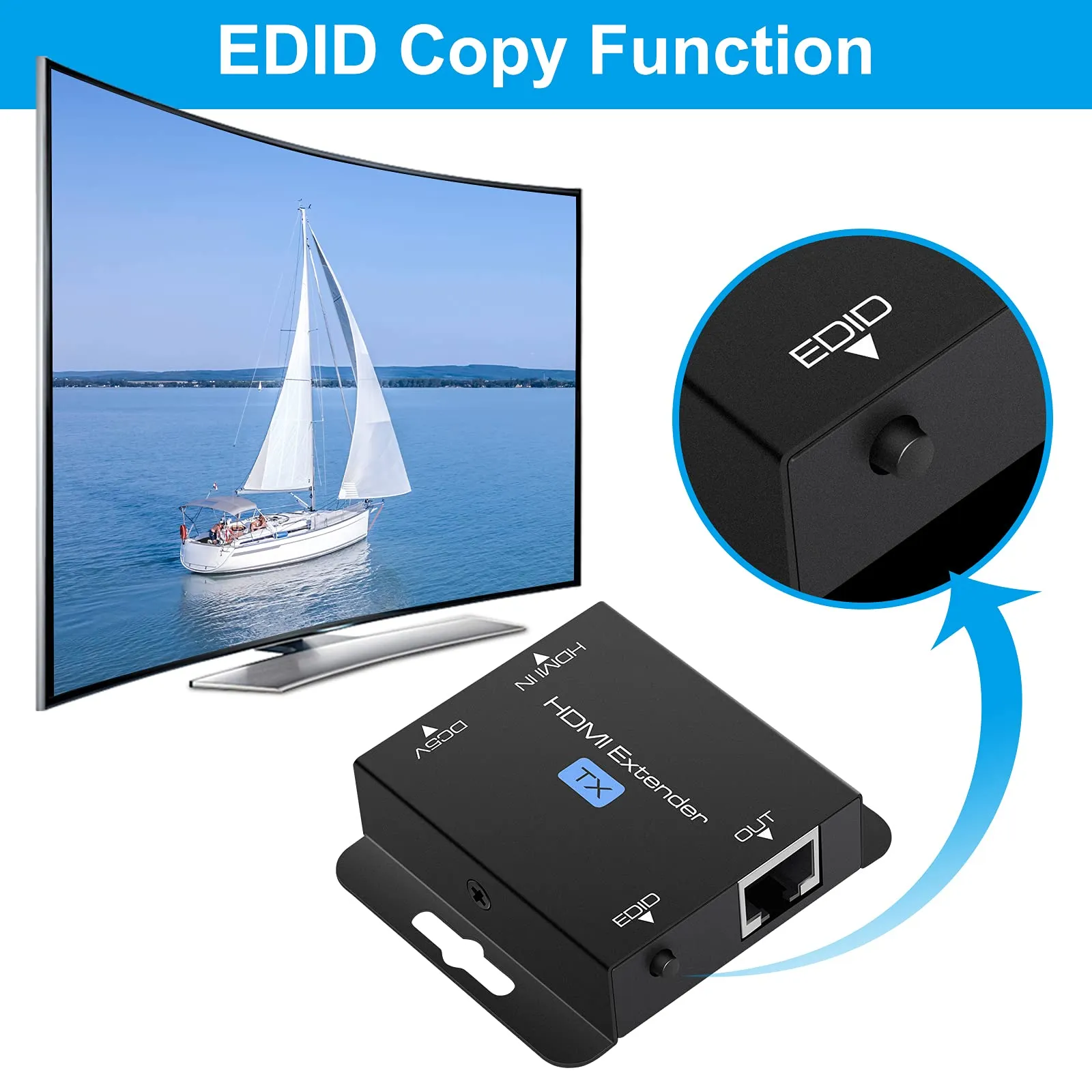 VEDINDUST HDMI Extender Over Cat5e Cat6 Cat7 Ethernet Transmitter Receiver, 1080p, POC, EDID Support, 50m-60m - immagine 4