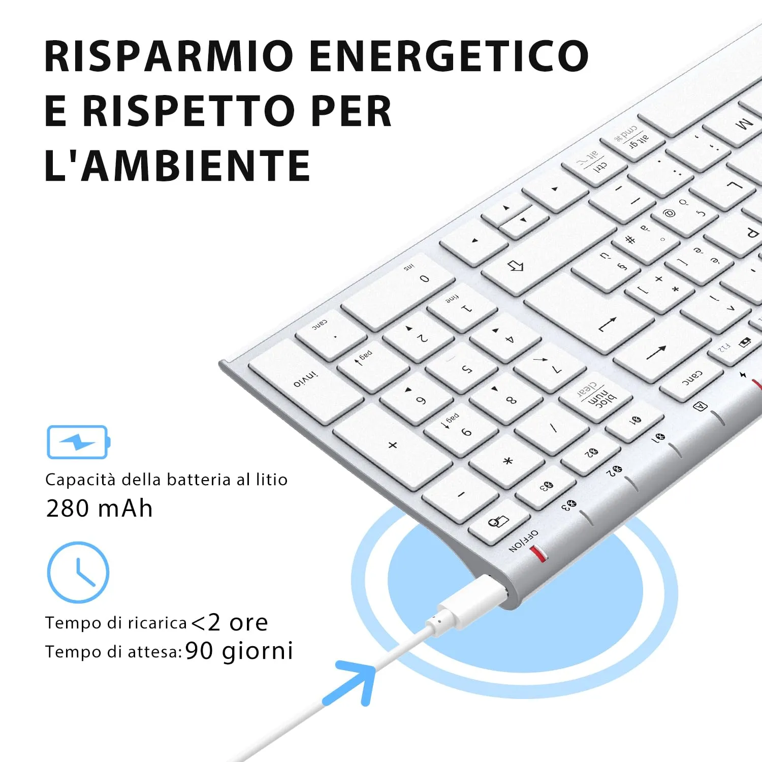 iClever BK10 Tastiera Bluetooth Wireless Ricaricabile, Italiano QWERTY, Argento - immagine 6