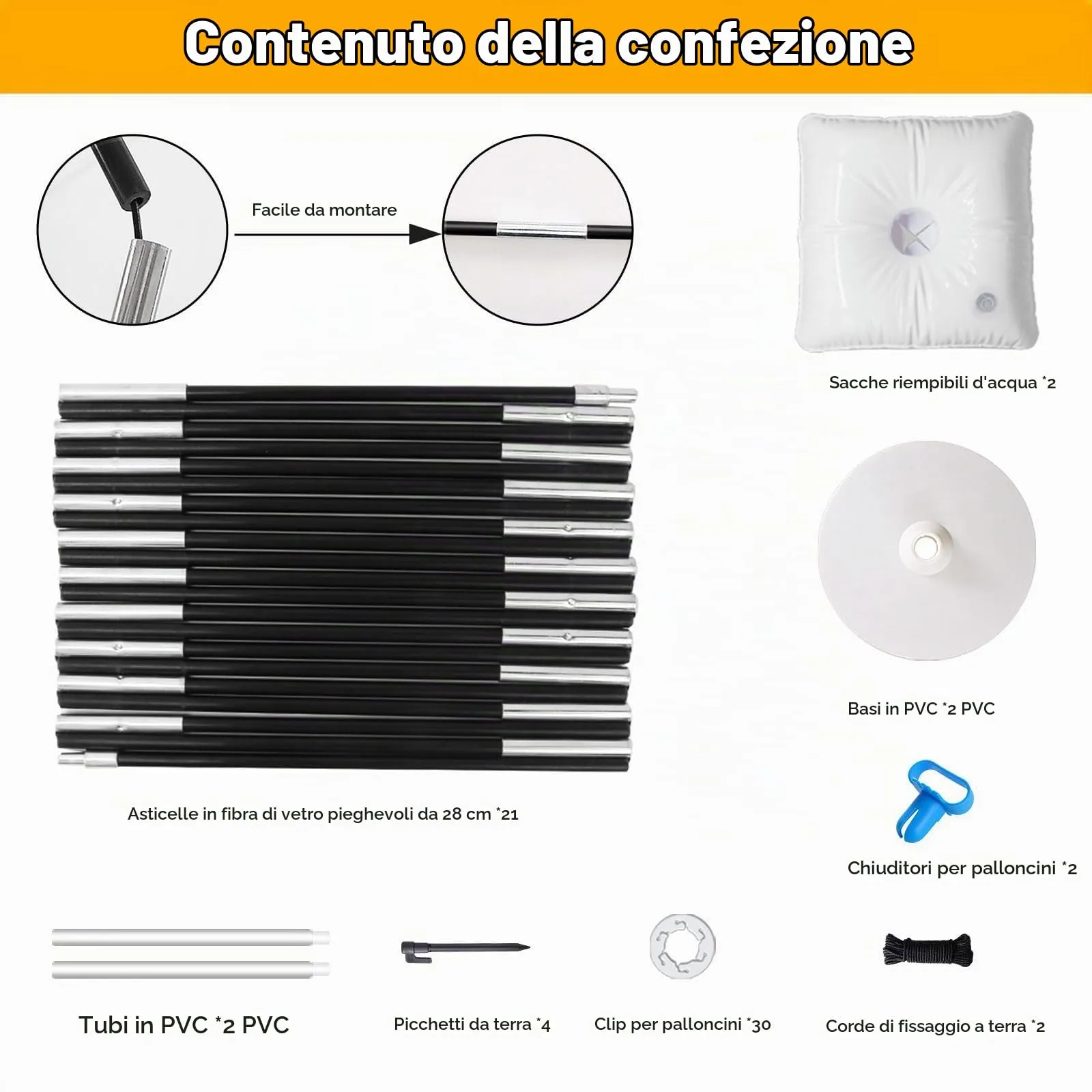 PlusFive Set di Supporto per Palloncini, 2.5m x 3.5m, con Base Riempibile d'Acqua e 50 Clip per Palloncini - immagine 3