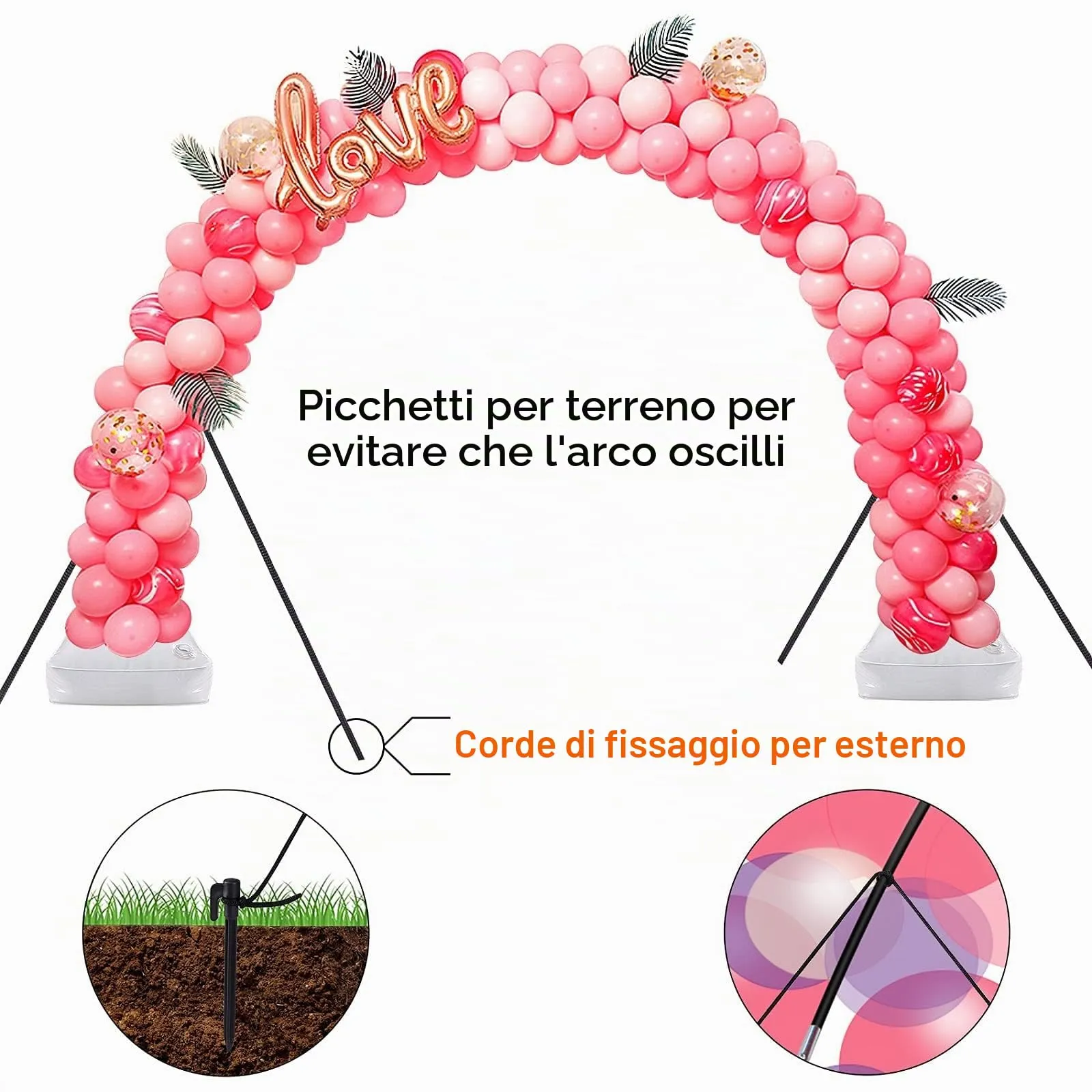 PlusFive Set di Supporto per Palloncini, 2.5m x 3.5m, con Base Riempibile d'Acqua e 50 Clip per Palloncini - immagine 7