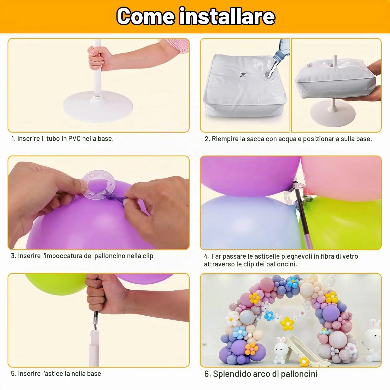 PlusFive Set di Supporto per Palloncini, 2.5m x 3.5m, con Base Riempibile d'Acqua e 50 Clip per Palloncini - immagine 8
