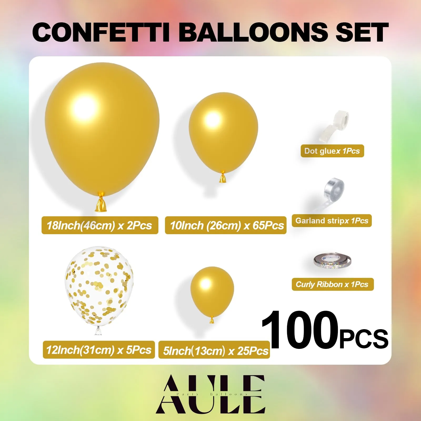 AULE Kit Arco Palloncini Oro 100 Pezzi con Coriandoli e Ghirlanda - immagine 2