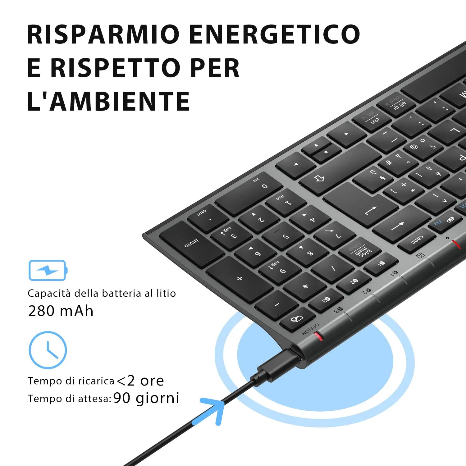 iClever BK10 Tastiera Bluetooth Wireless Ricaricabile, Italiano QWERTY, Grigio - immagine 4