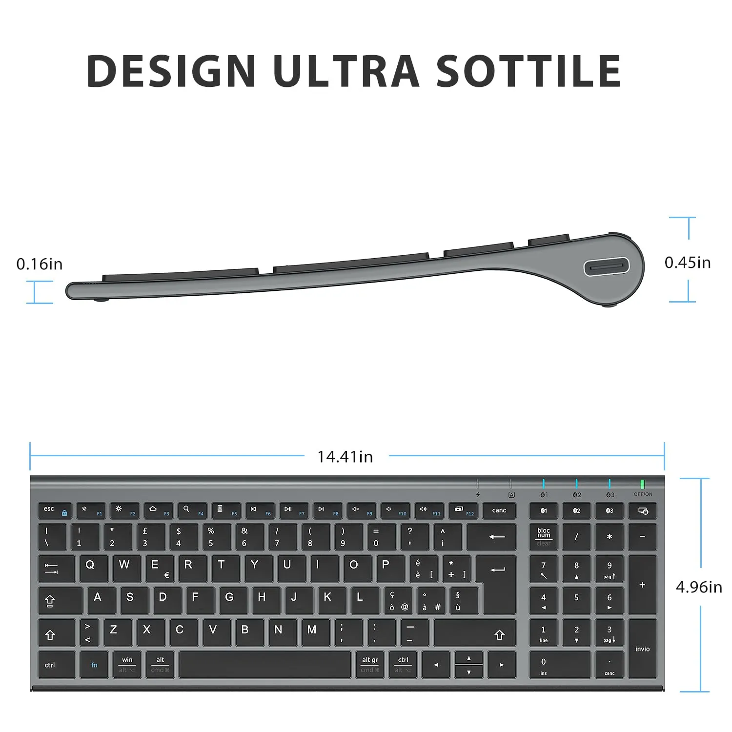 iClever BK10 Tastiera Bluetooth Wireless Ricaricabile, Italiano QWERTY, Grigio - immagine 6