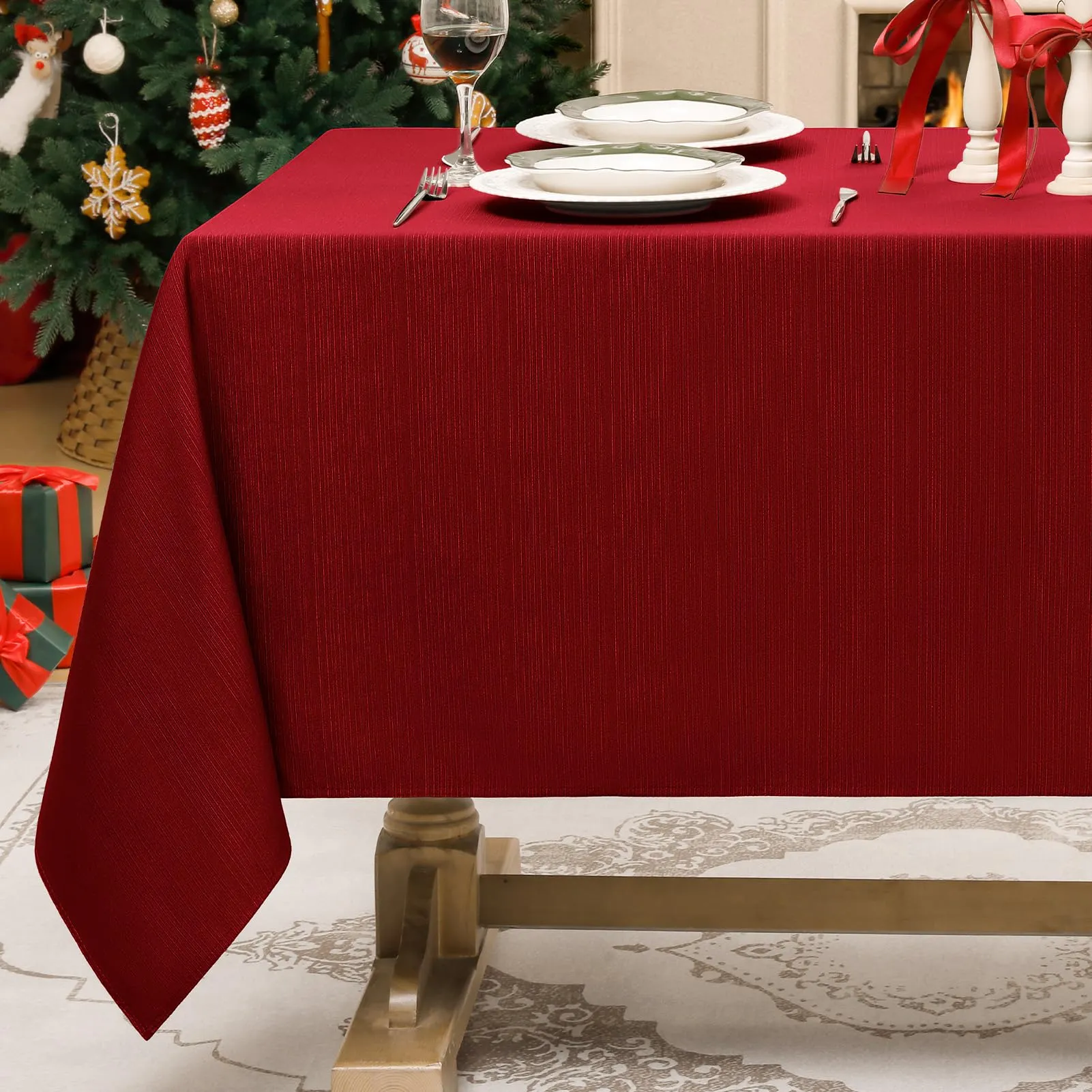 Softalker Tovaglia Rettangolare in Jacquard Geometrico, Poliestere Impermeabile e Antimacchia, 152,4 x 304,8 cm, Rosso Scuro - immagine 1