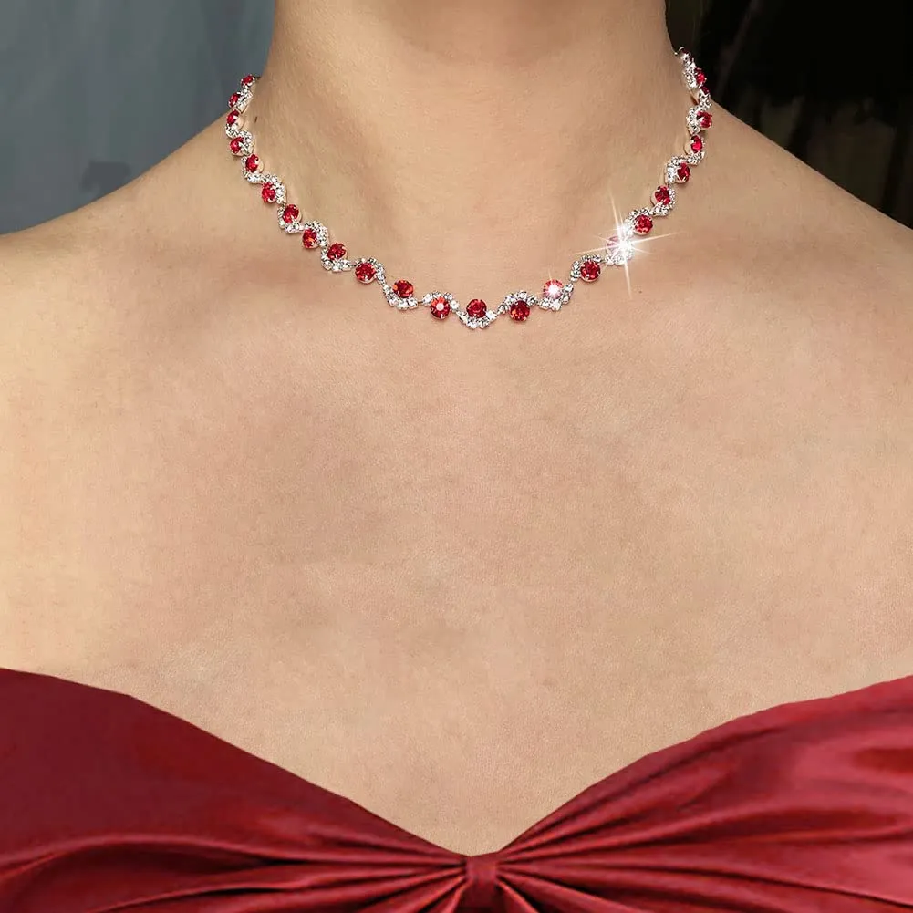 Wedity Set Gioielli da Sposa con Collana, Orecchini e Braccialetto in Cristallo (Rosso) - immagine 3