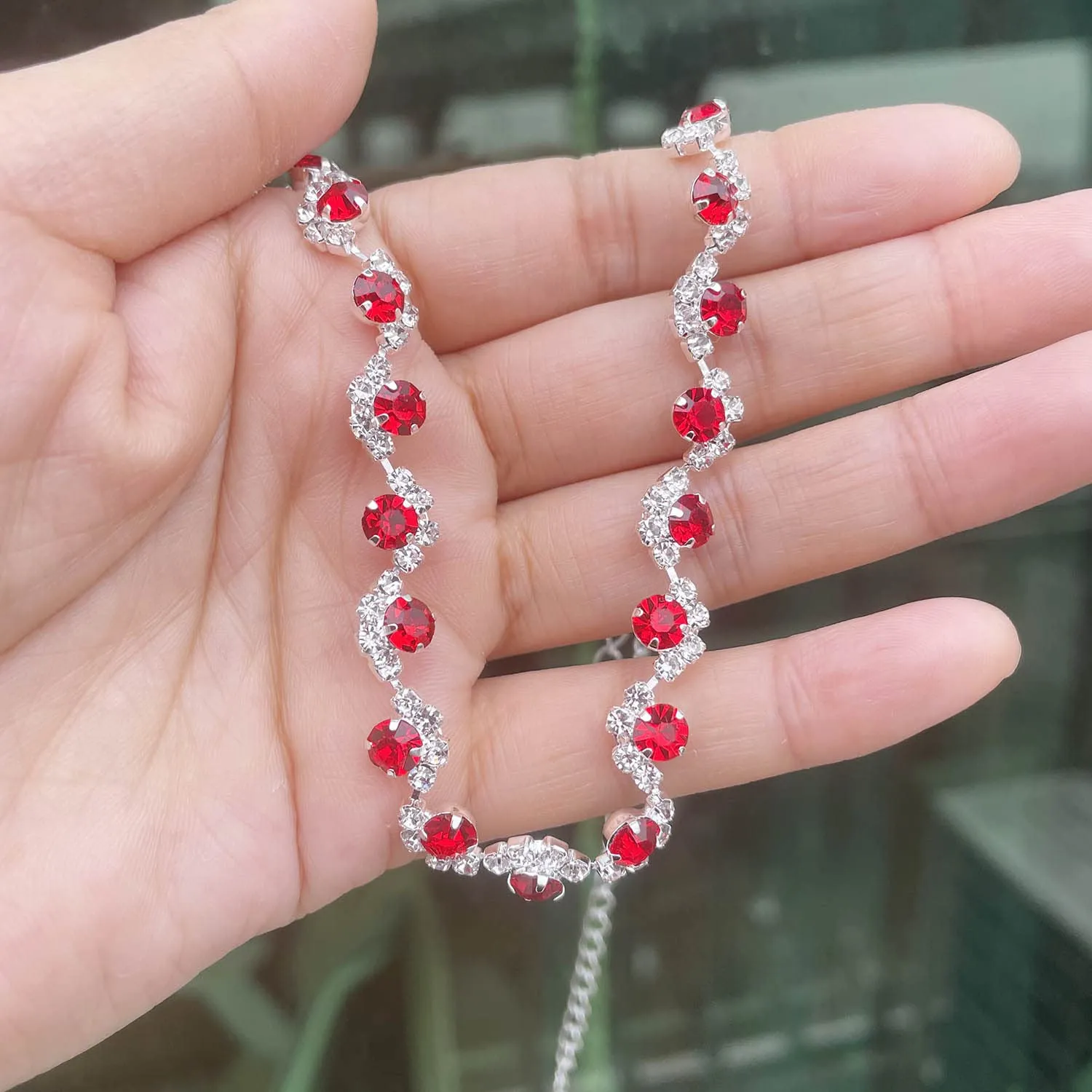 Wedity Set Gioielli da Sposa con Collana, Orecchini e Braccialetto in Cristallo (Rosso) - immagine 6