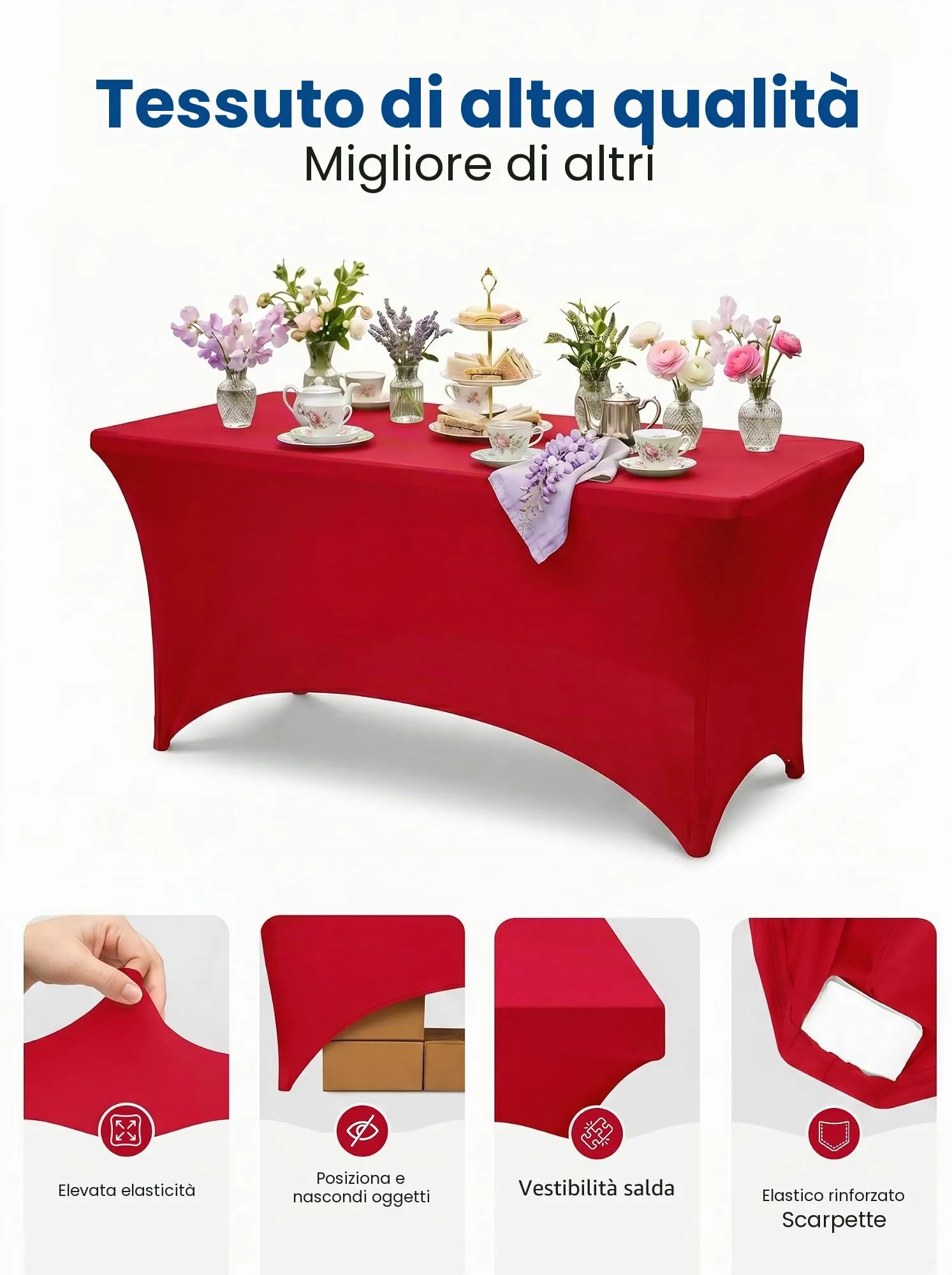 Utopia Kitchen Tovaglia Estensibile in Poliestere e Spandex, 6 Piedi (183 cm), Rosso, Confezione da 2 - immagine 5