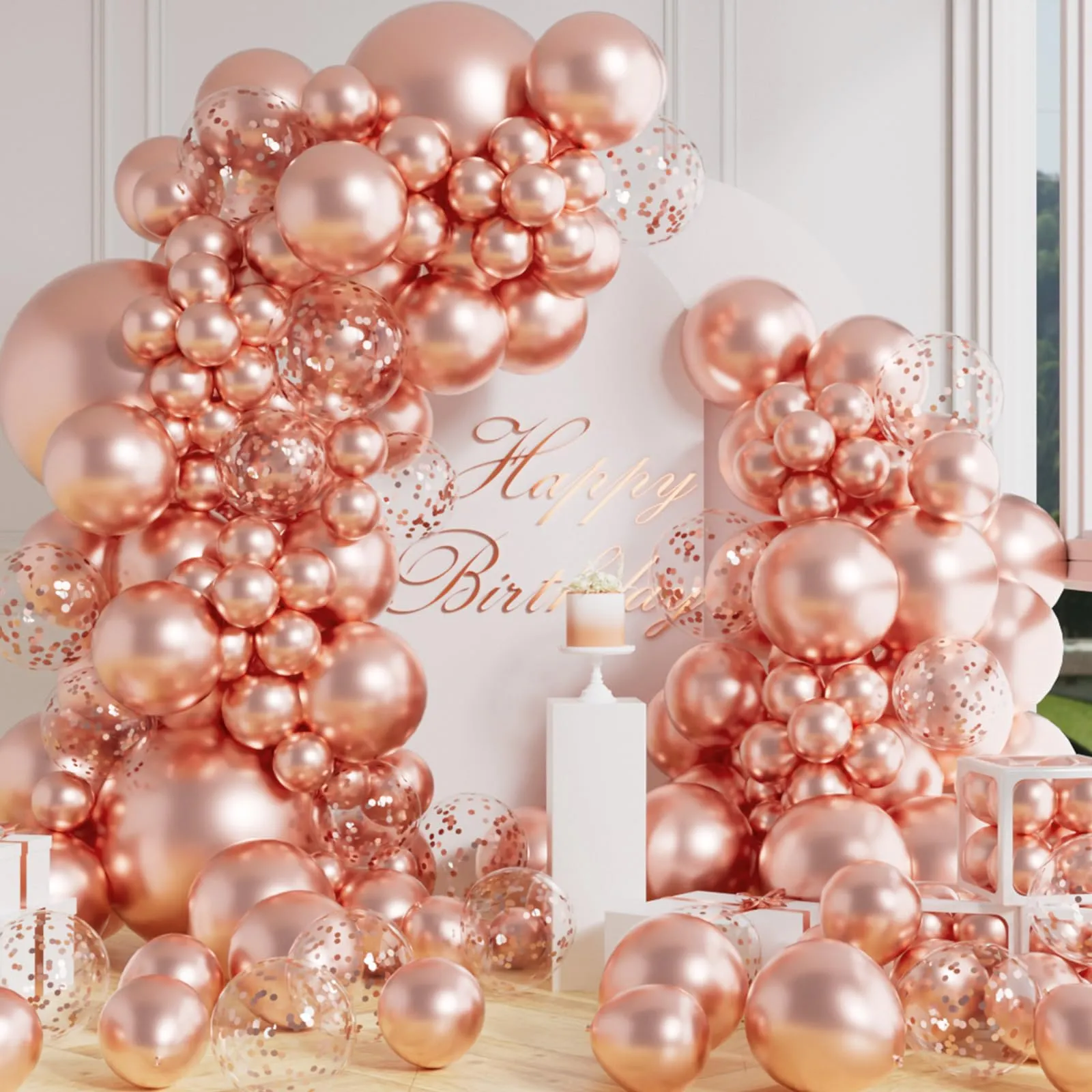AULE Kit Arco Palloncini Oro Rosa 100 Pezzi con Coriandoli e Ghirlanda - immagine 1