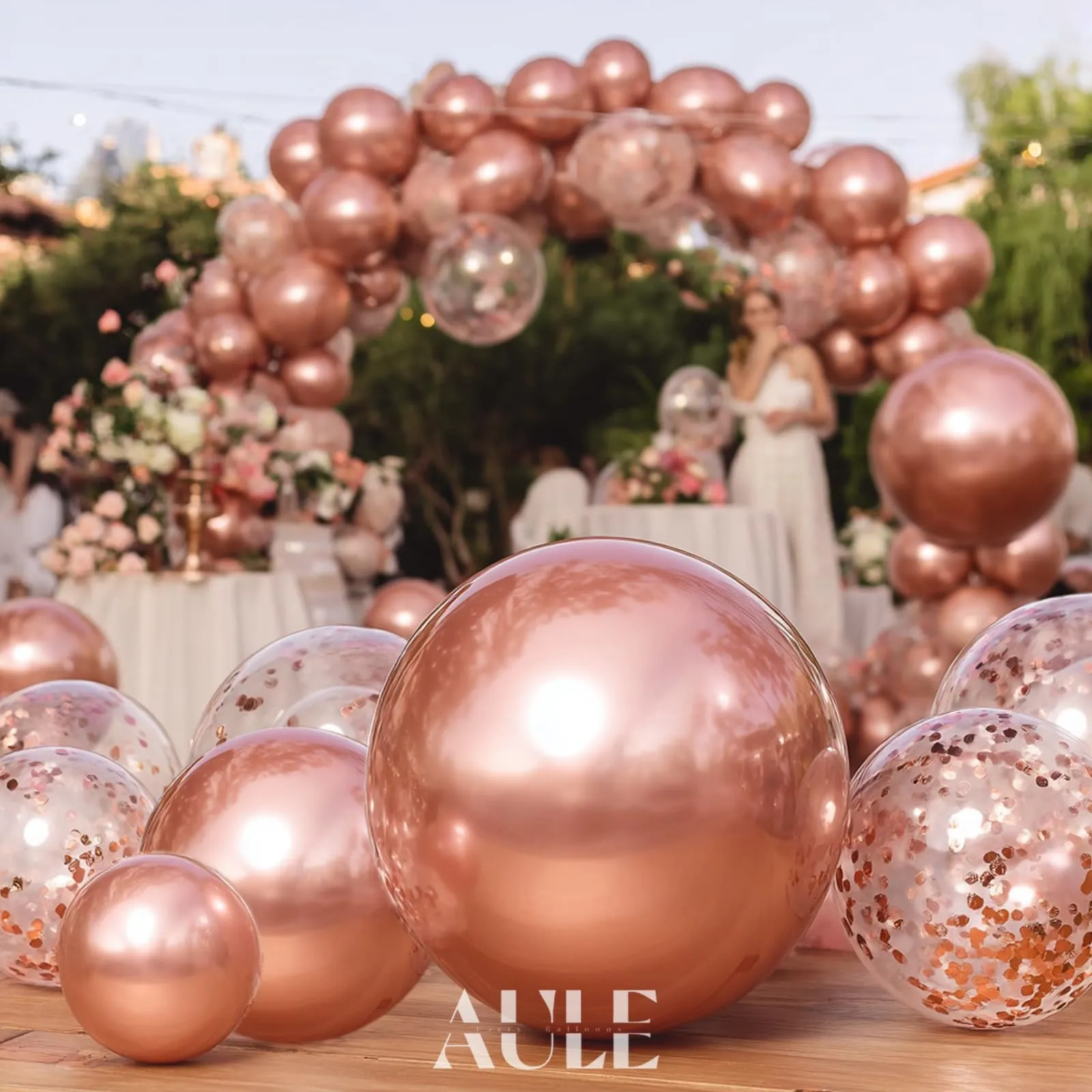 AULE Kit Arco Palloncini Oro Rosa 100 Pezzi con Coriandoli e Ghirlanda - immagine 2