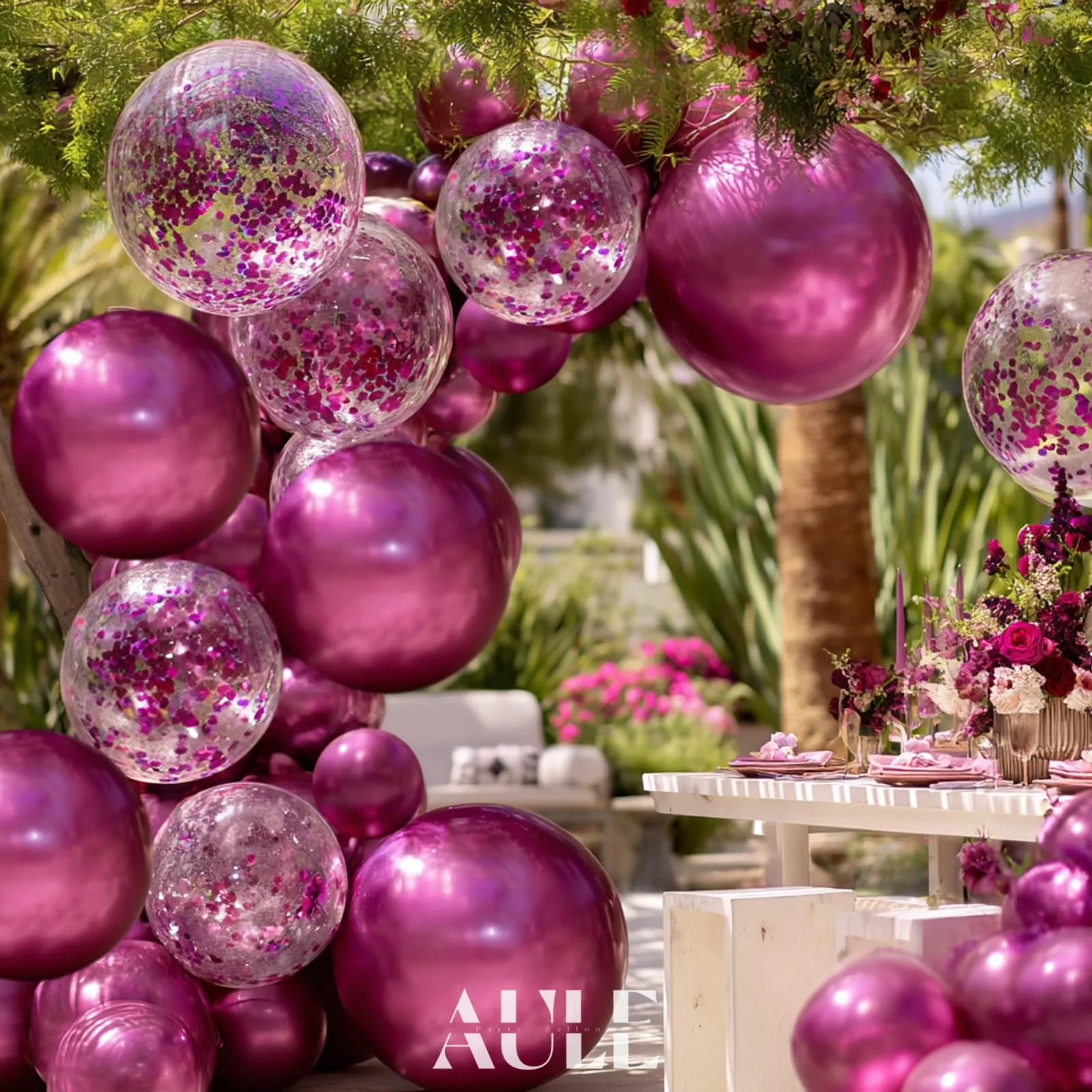 AULE Kit Arco di Palloncini Fucsia, 100 Pezzi con Coriandoli e Set Ghirlanda - immagine 3