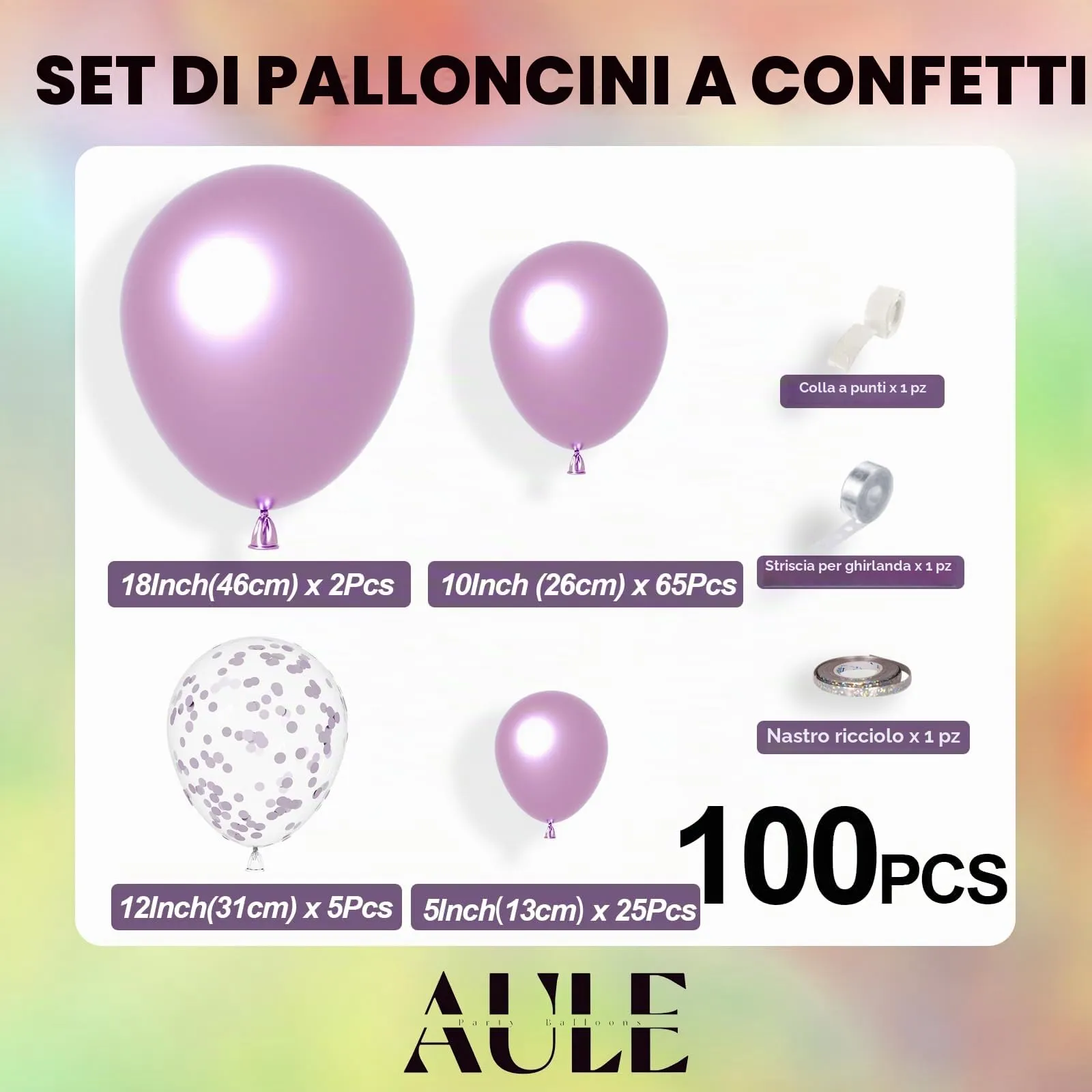 AULE Kit Arco Palloncini Lilla, 100 Pezzi Lavanda e Glicine in Lattice con Coriandoli, Nastri e Accessori per Ghirlanda - immagine 2