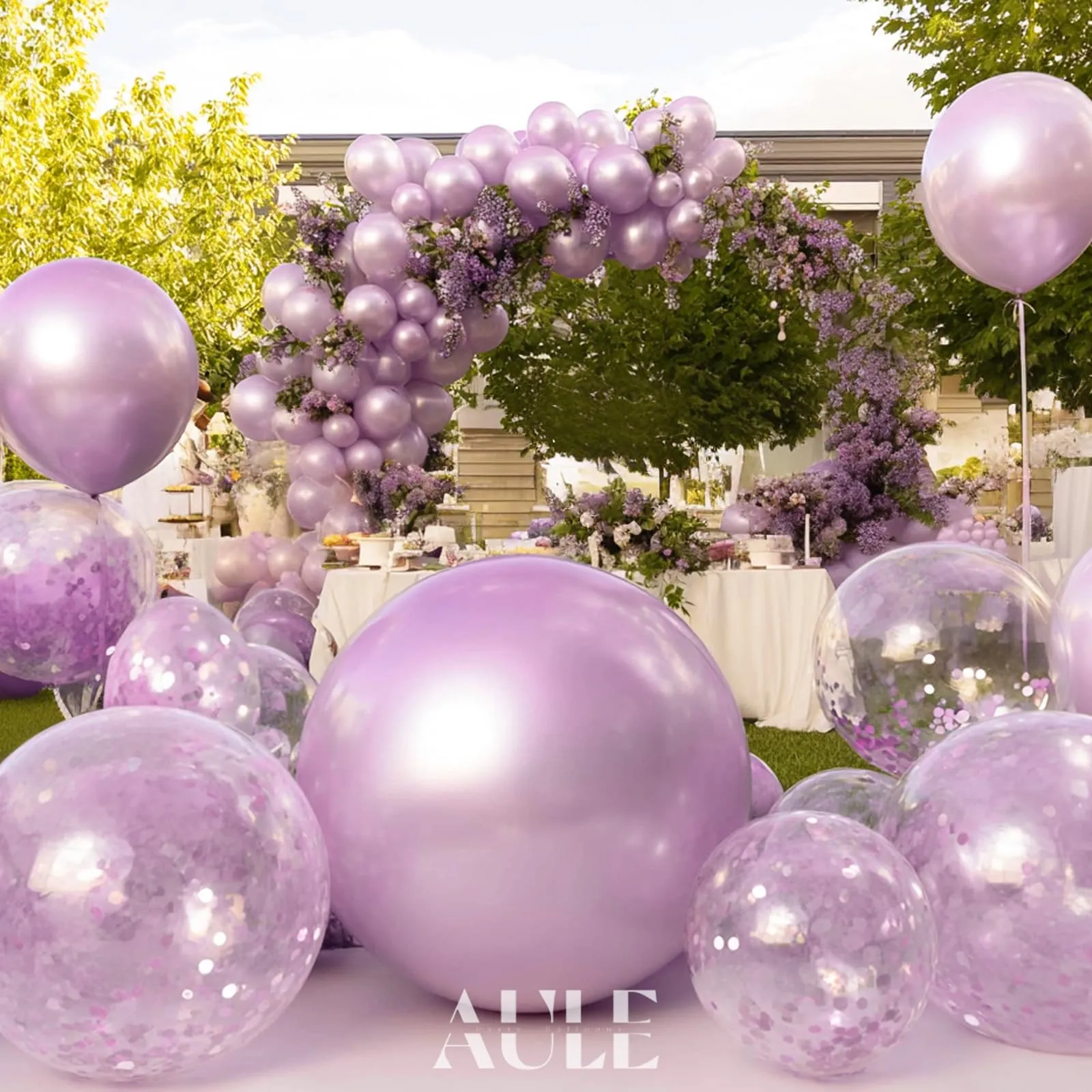 AULE Kit Arco Palloncini Lilla, 100 Pezzi Lavanda e Glicine in Lattice con Coriandoli, Nastri e Accessori per Ghirlanda - immagine 3