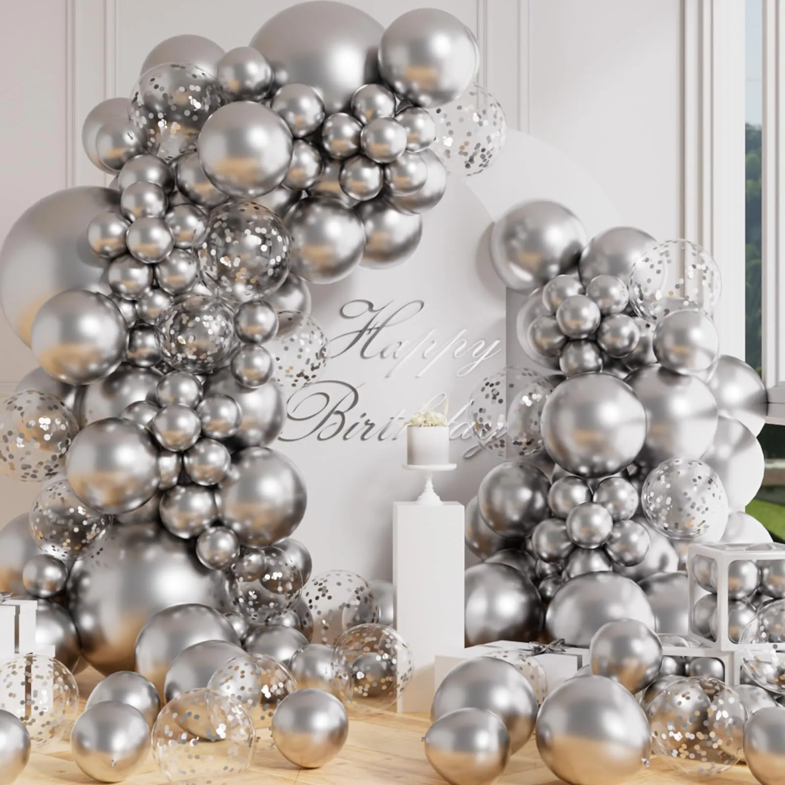 AULE Kit Arco Palloncini Argento, 100 Pezzi con Coriandoli e Set Ghirlanda - immagine 1