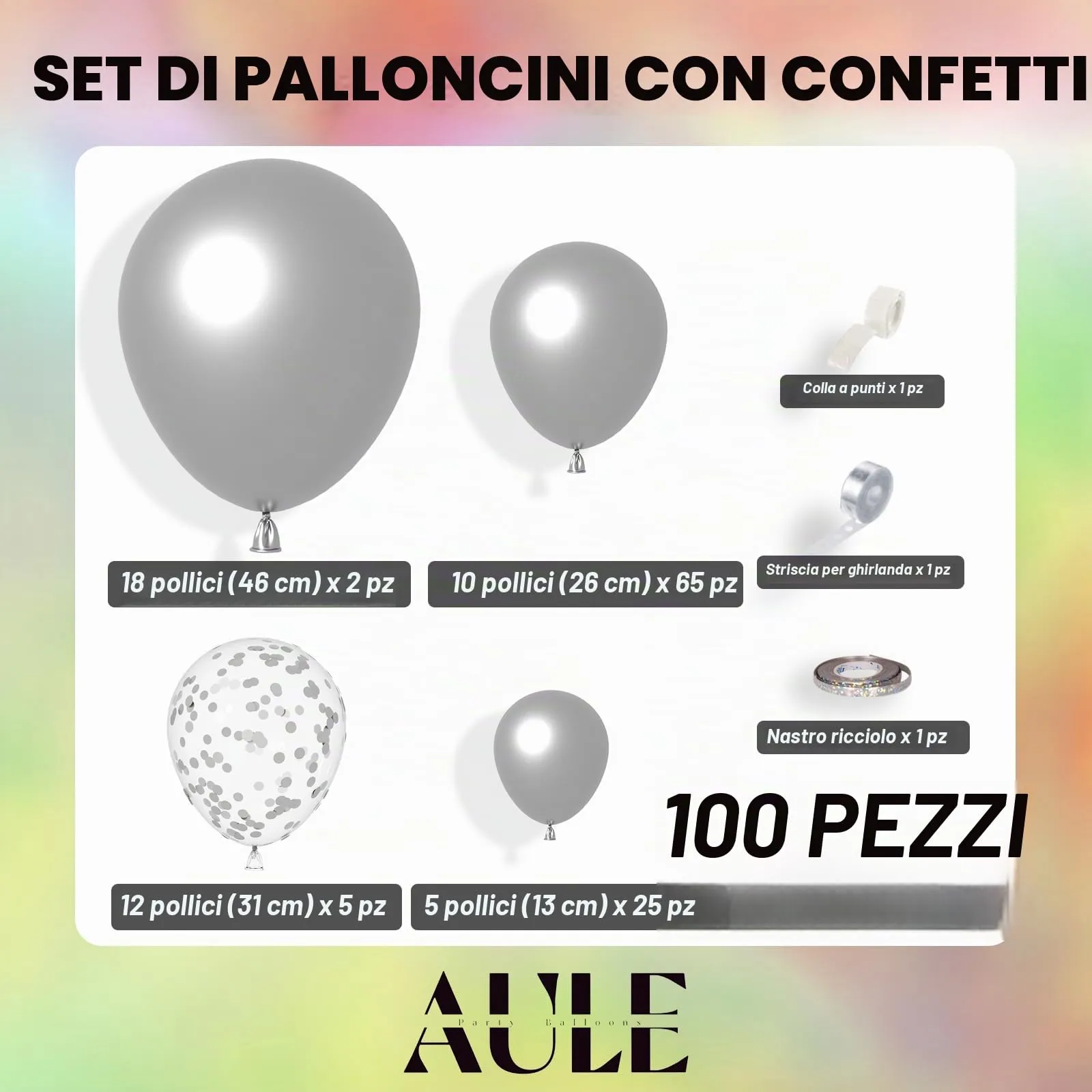 AULE Kit Arco Palloncini Argento, 100 Pezzi con Coriandoli e Set Ghirlanda - immagine 2