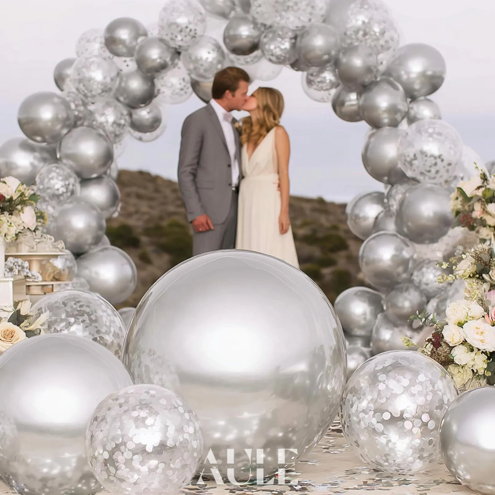AULE Kit Arco Palloncini Argento, 100 Pezzi con Coriandoli e Set Ghirlanda - immagine 3