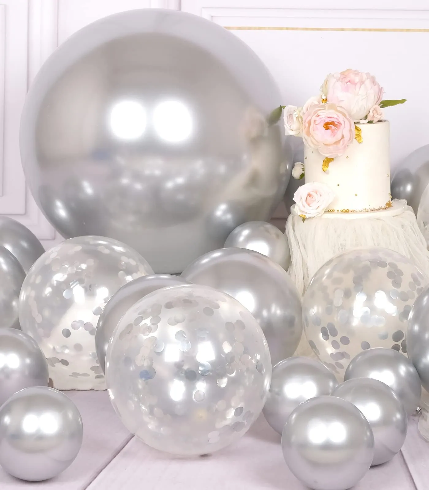 AULE Kit Arco Palloncini Argento, 100 Pezzi con Coriandoli e Set Ghirlanda - immagine 5