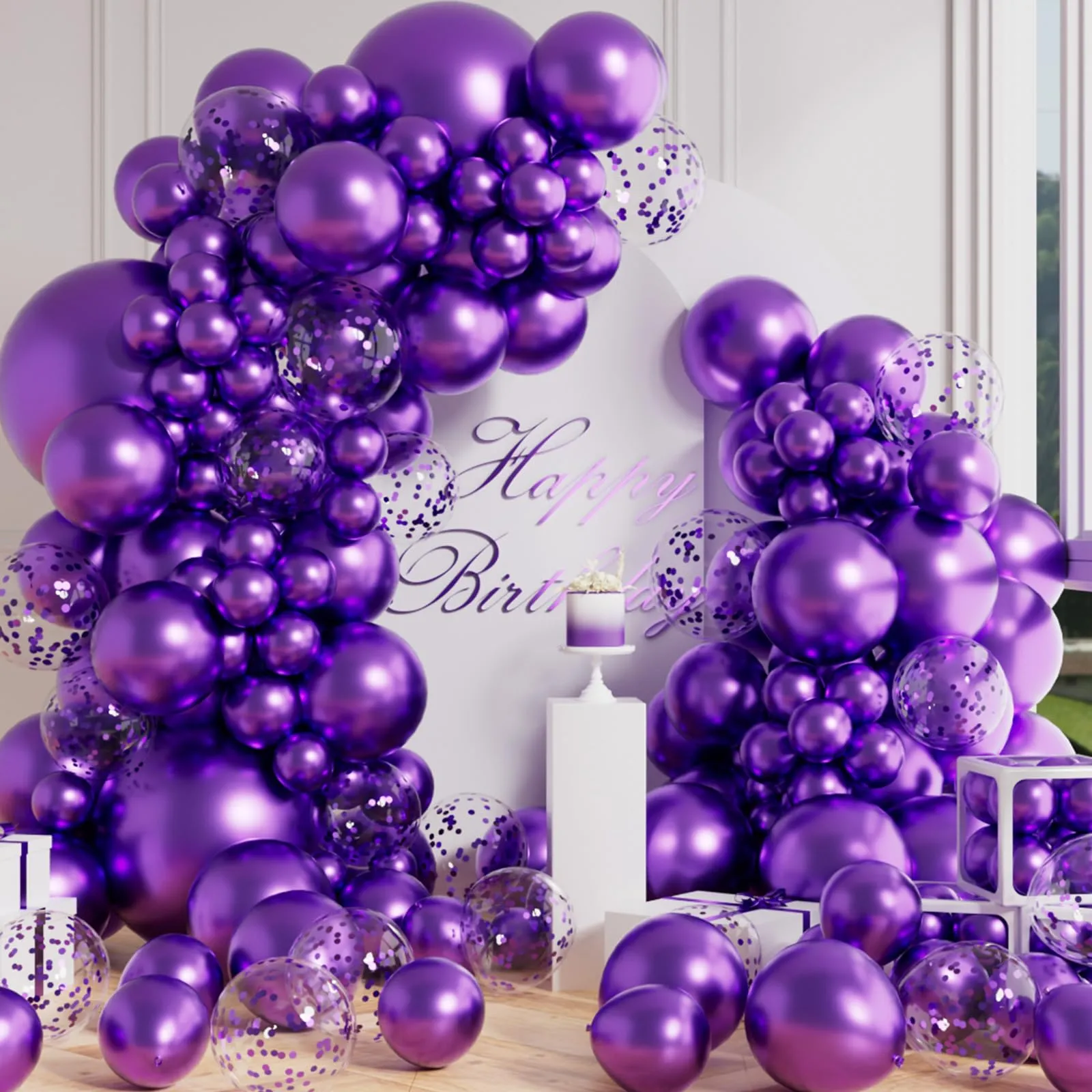 AULE Kit Arco di Palloncini Viola 100 Pezzi con Coriandoli e Ghirlanda - immagine 1