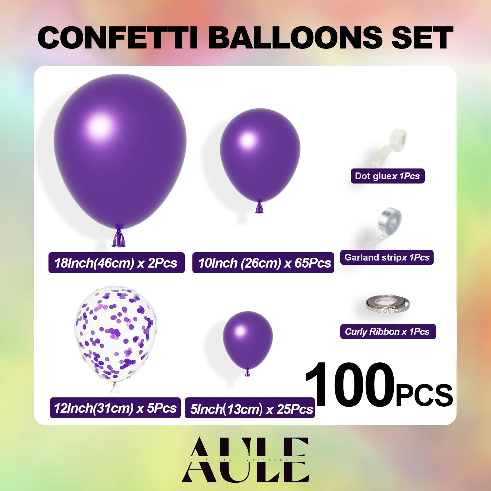 AULE Kit Arco di Palloncini Viola 100 Pezzi con Coriandoli e Ghirlanda - immagine 3