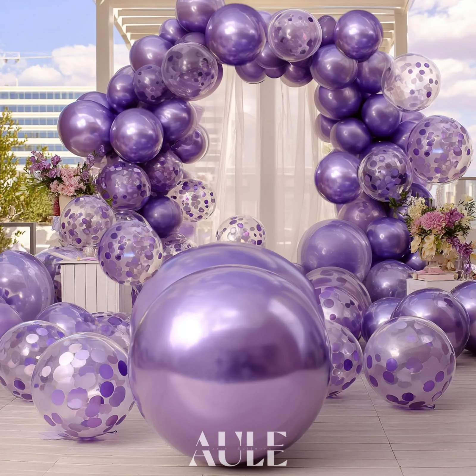 AULE Kit Arco di Palloncini Viola 100 Pezzi con Coriandoli e Ghirlanda - immagine 4