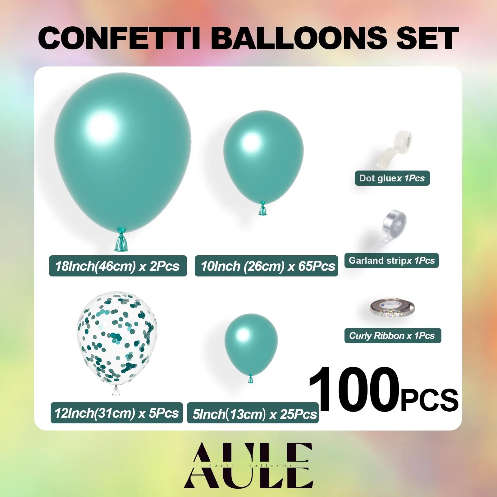AULE Kit Arco Palloncini 100 Pezzi Verde Turchese con Coriandoli e Ghirlanda - immagine 3