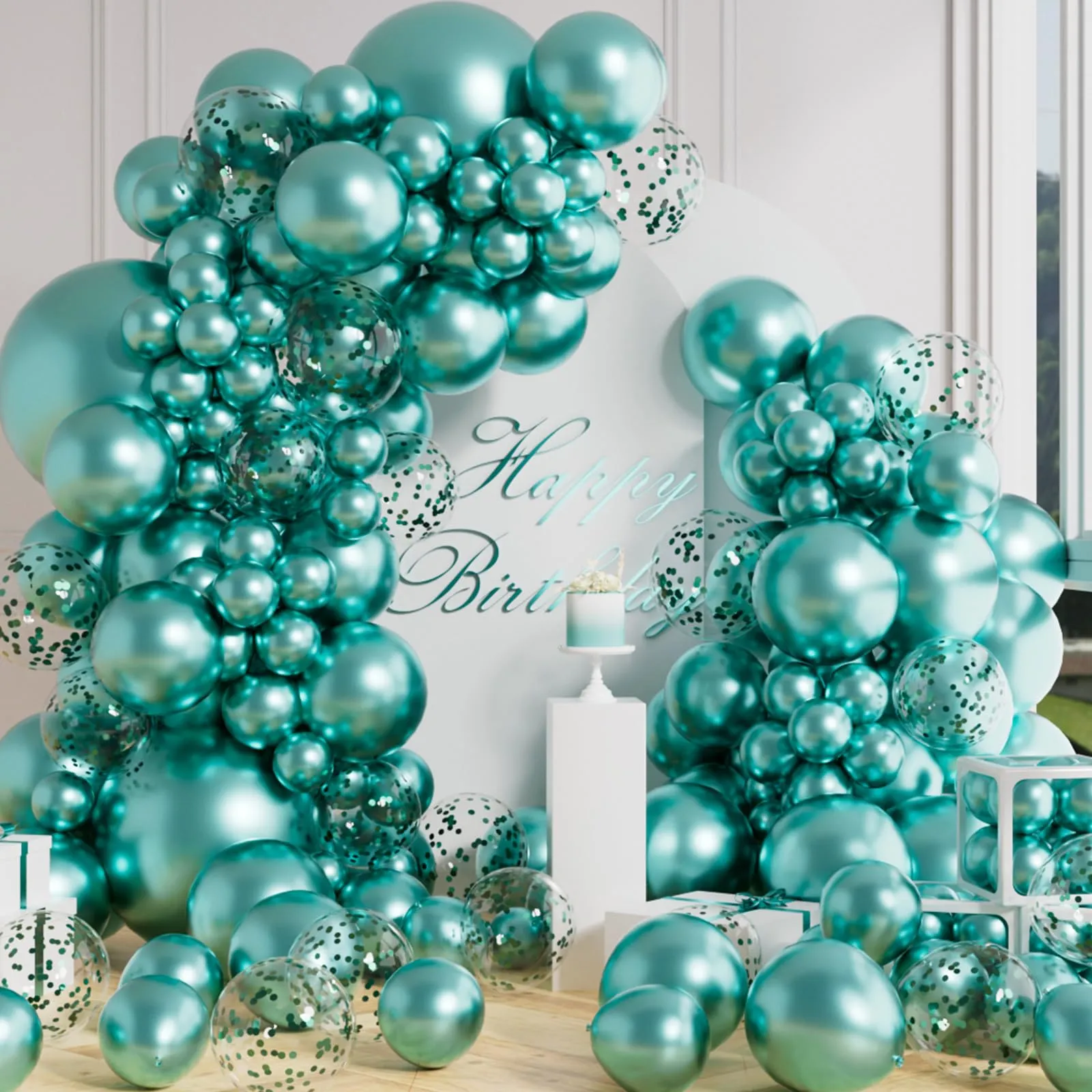 AULE Kit Arco Palloncini 100 Pezzi Verde Turchese con Coriandoli e Ghirlanda - immagine 4