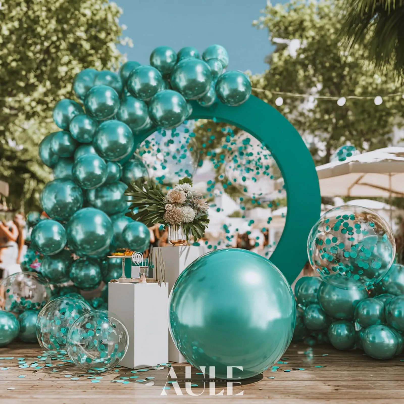 AULE Kit Arco Palloncini 100 Pezzi Verde Turchese con Coriandoli e Ghirlanda - immagine 5