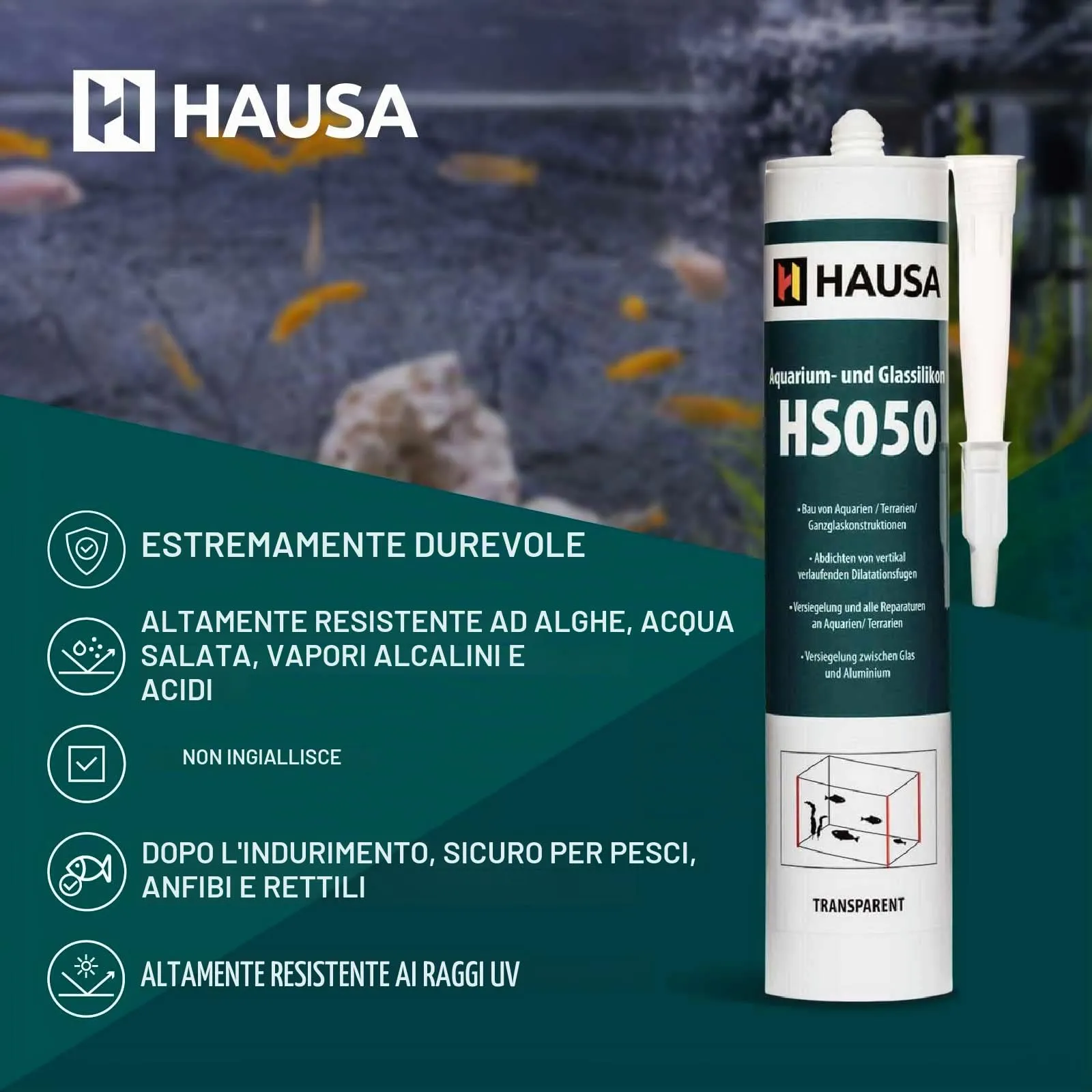 Hausa Acquario Silicone HS050 Colla e Sigillante per Acquari e Terrari, 310ml, Trasparente - immagine 2