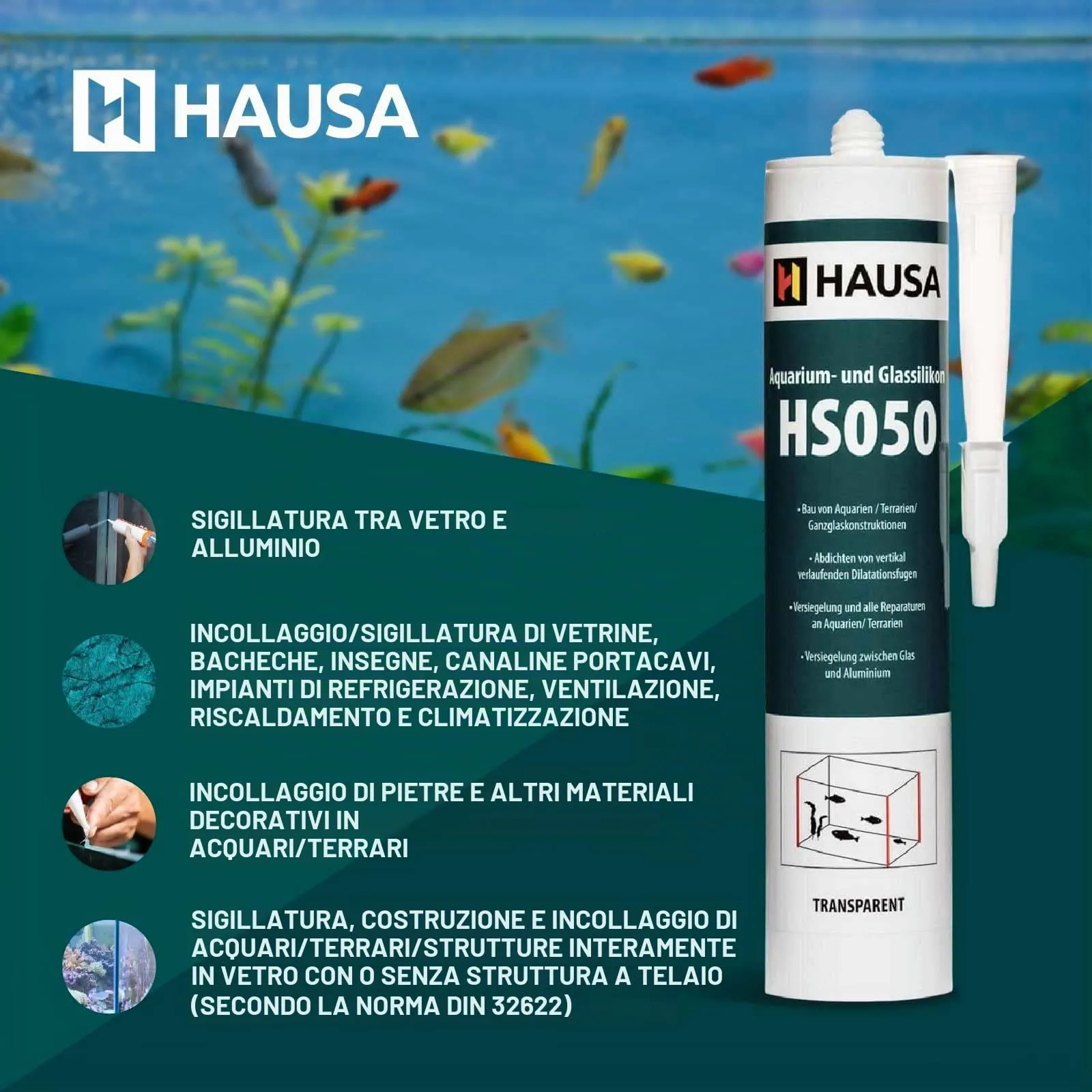 Hausa Acquario Silicone HS050 Colla e Sigillante per Acquari e Terrari, 310ml, Trasparente - immagine 4