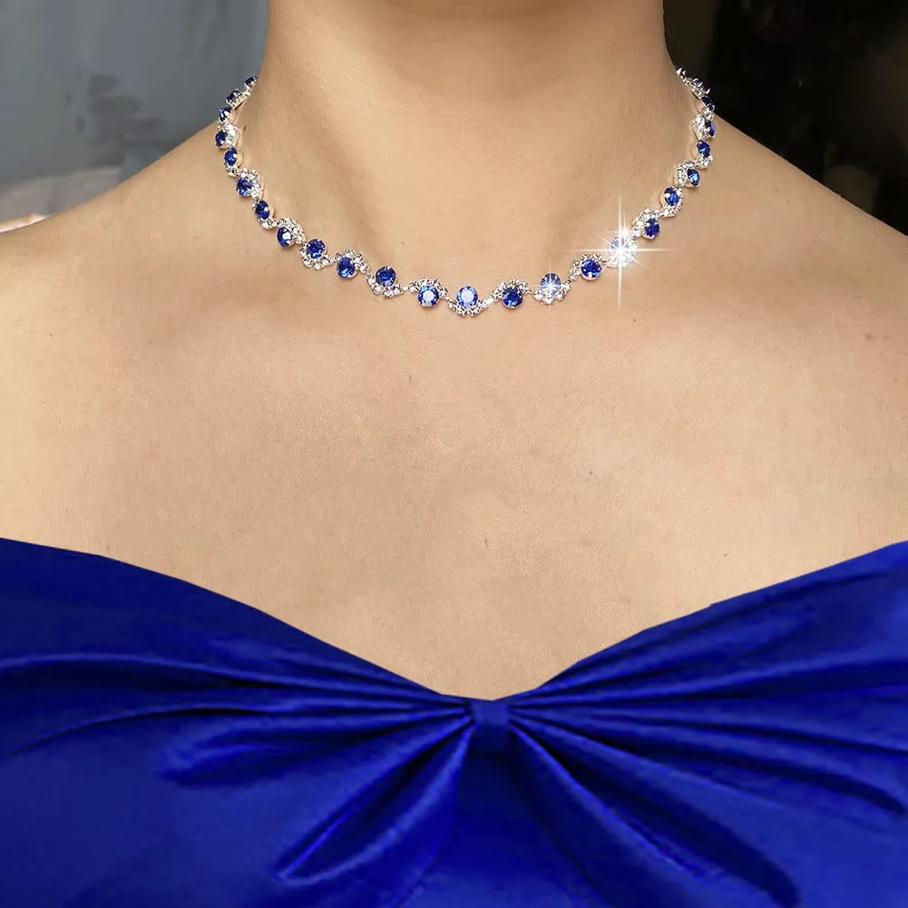 Wedity Set Collana e Orecchini di Cristallo per Sposa (Blu) - immagine 3