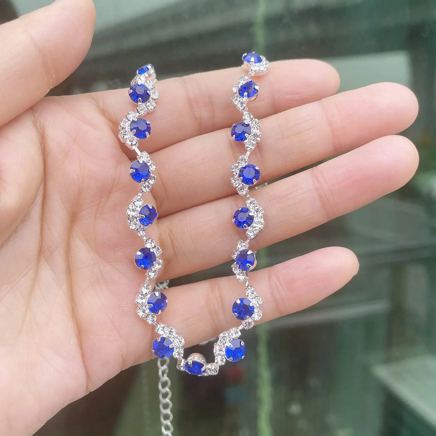 Wedity Set Collana e Orecchini di Cristallo per Sposa (Blu) - immagine 6