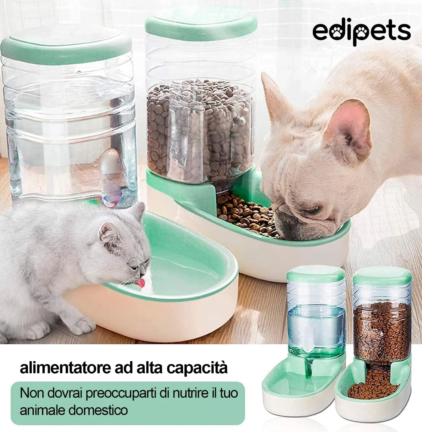 Edipets Dispenser Automatico di Crocchette e Acqua per Cani e Gatti, 3.8L, Verde - immagine 5
