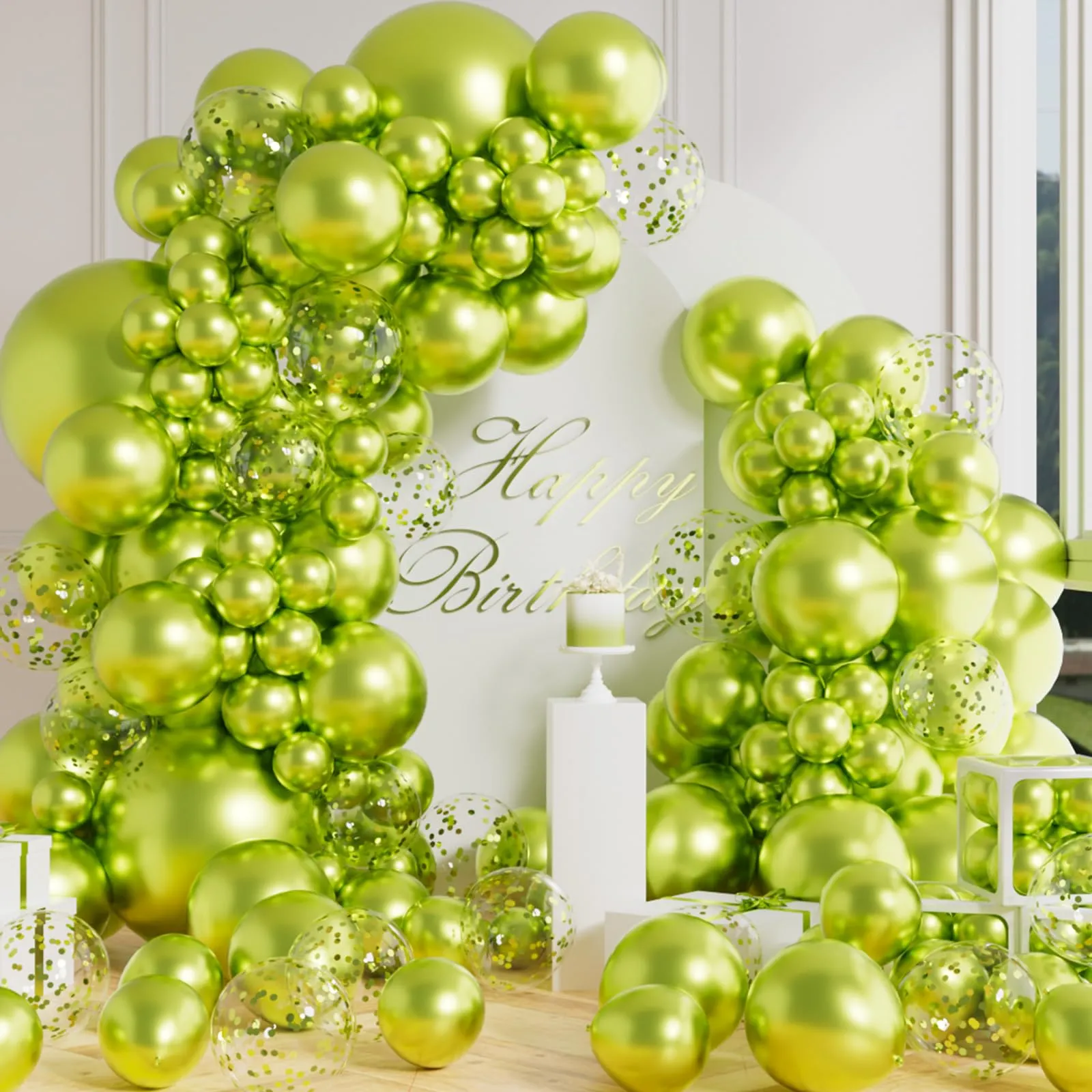 AULE Kit Arco Palloncini Verde Lime 100 Pezzi con Coriandoli e Ghirlanda - immagine 1