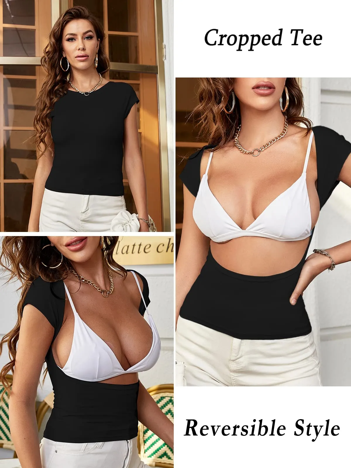 ForeFair Maglietta Crop Donna con Schiena Scoperta, Maniche Corte, Nero, S - immagine 4