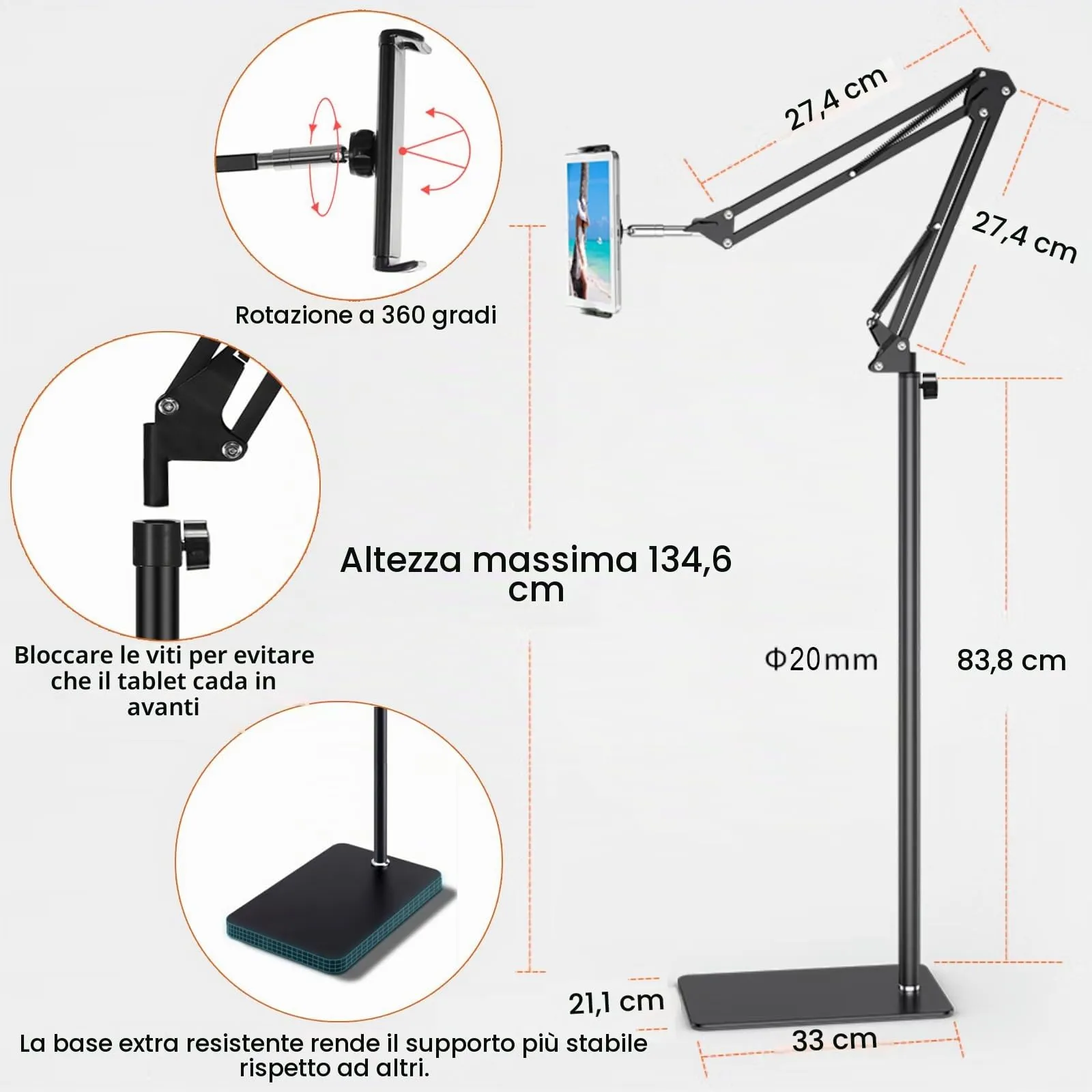 SAMHOUSING Supporto da pavimento per tablet e cellulari, regolabile e girevole a 360 gradi, in metallo, per dispositivi da 4,7-12,9 pollici - immagine 5